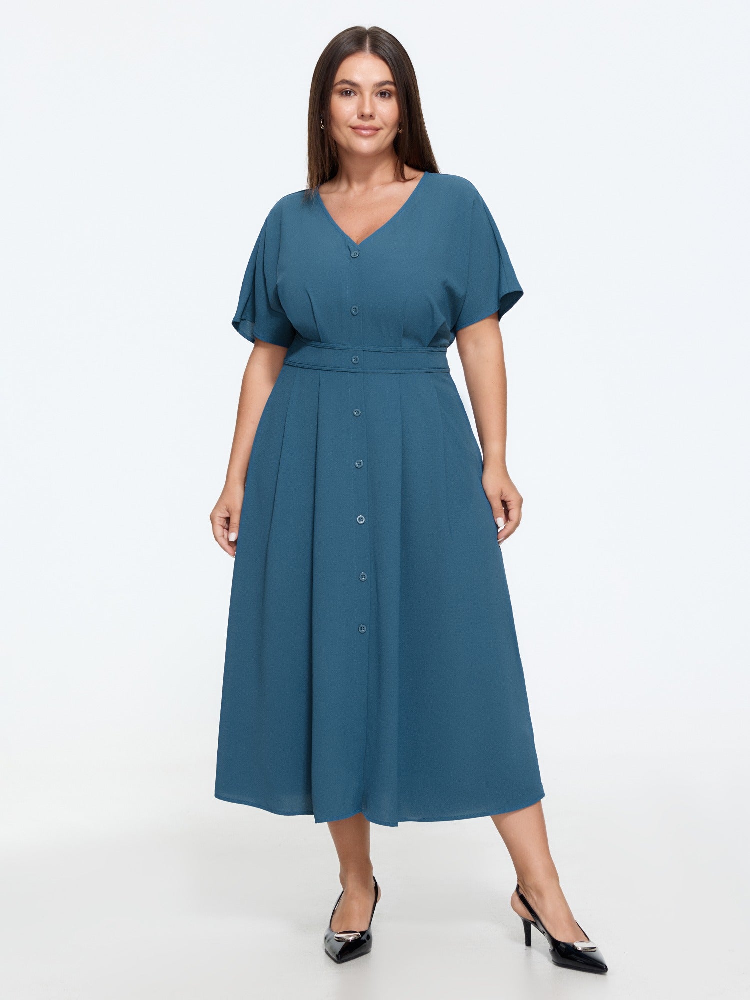 V‑Neck Button Front Pleated Midi Dress