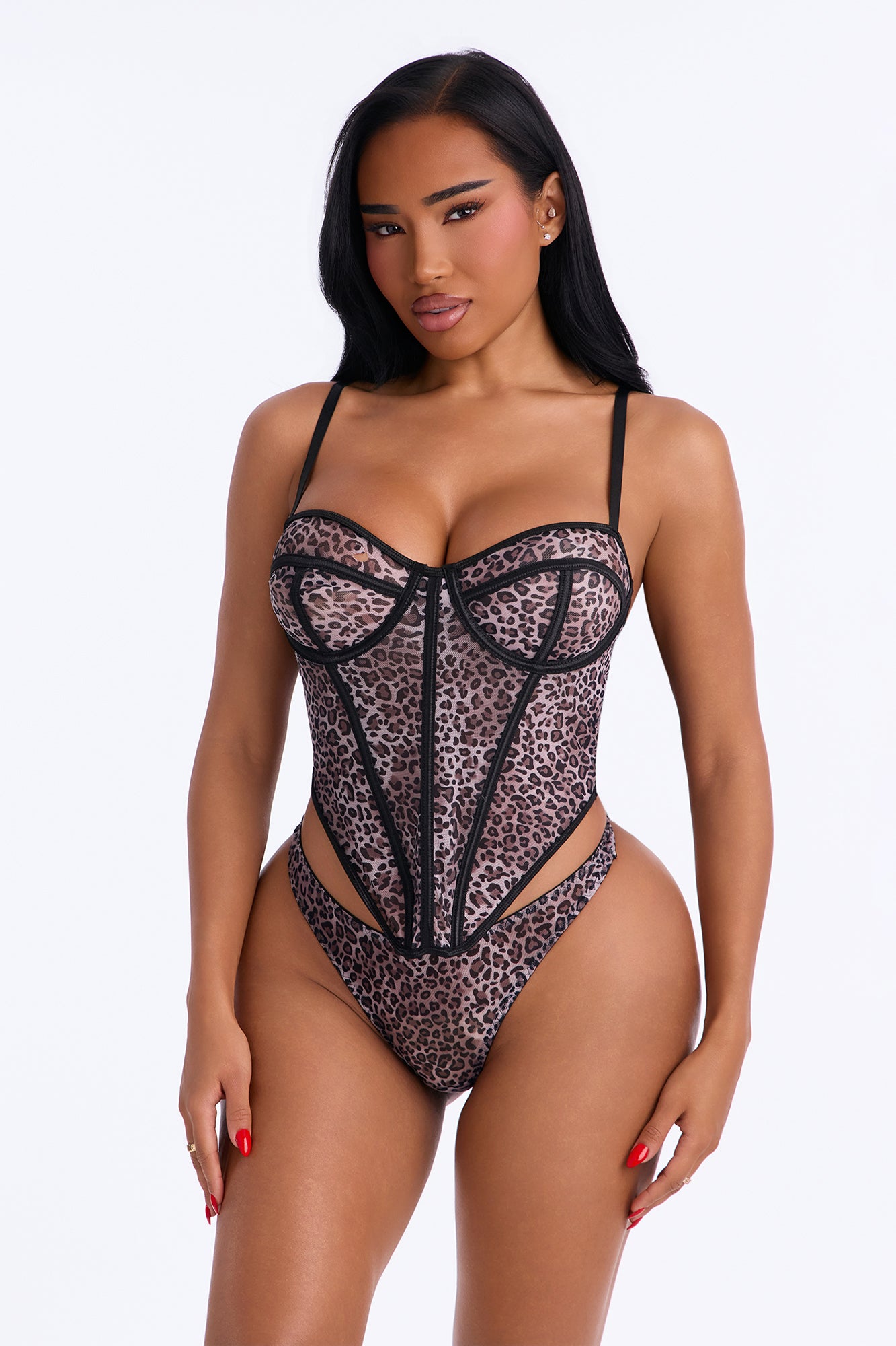 Zina Mesh 2 Piece Corset & Panty Set - Leopard