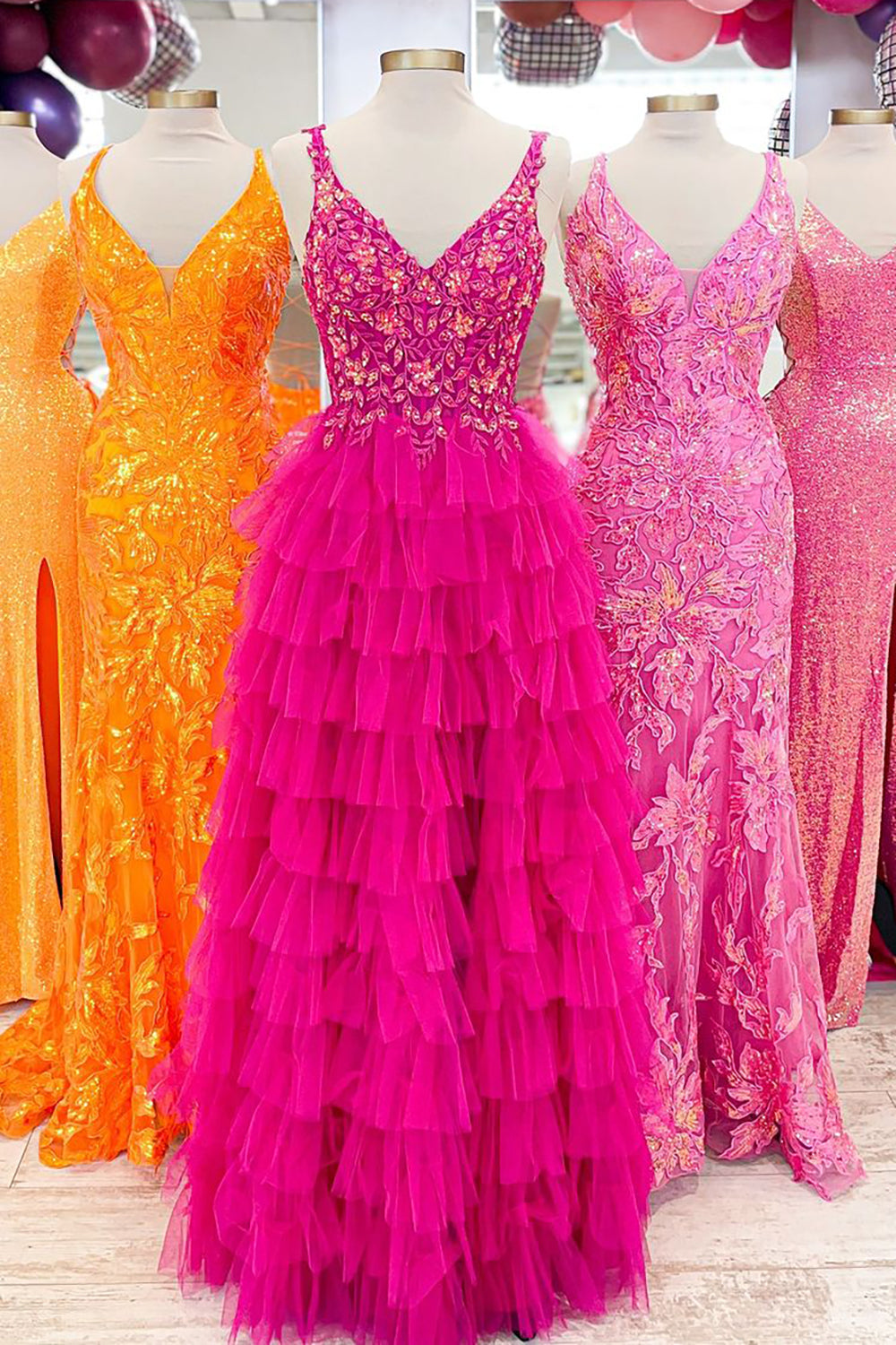 Elegant Fuchsia A-Line Prom Dress with V-Neck and Appliques