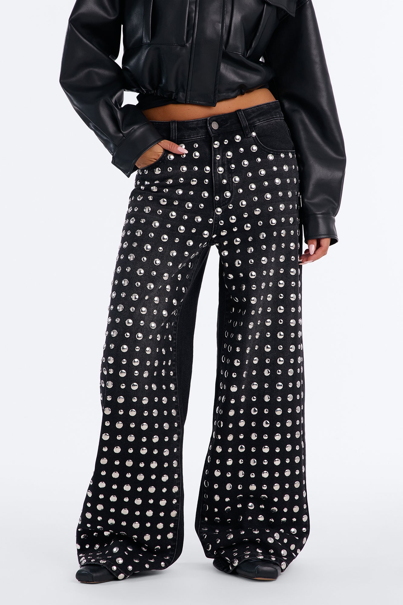 London Studded Embellished Wide Leg Jeans - Black