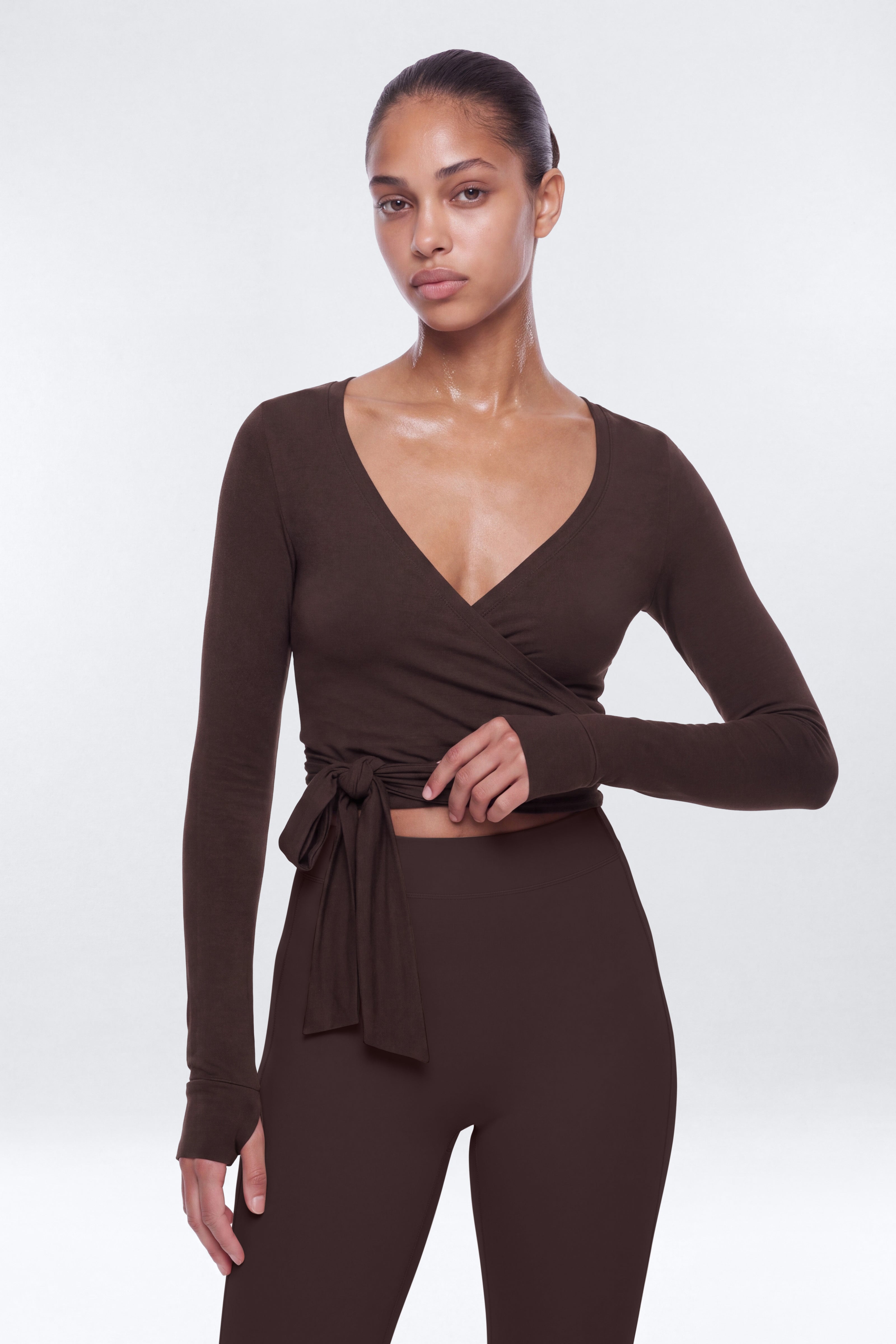Soft Jersey Surplice Wrap Top - Espresso