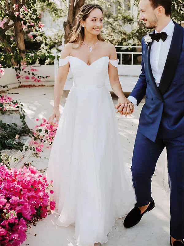 Beautiful V-Neck A-Line Off-The-Shoulder Wedding Dresses with Court Train