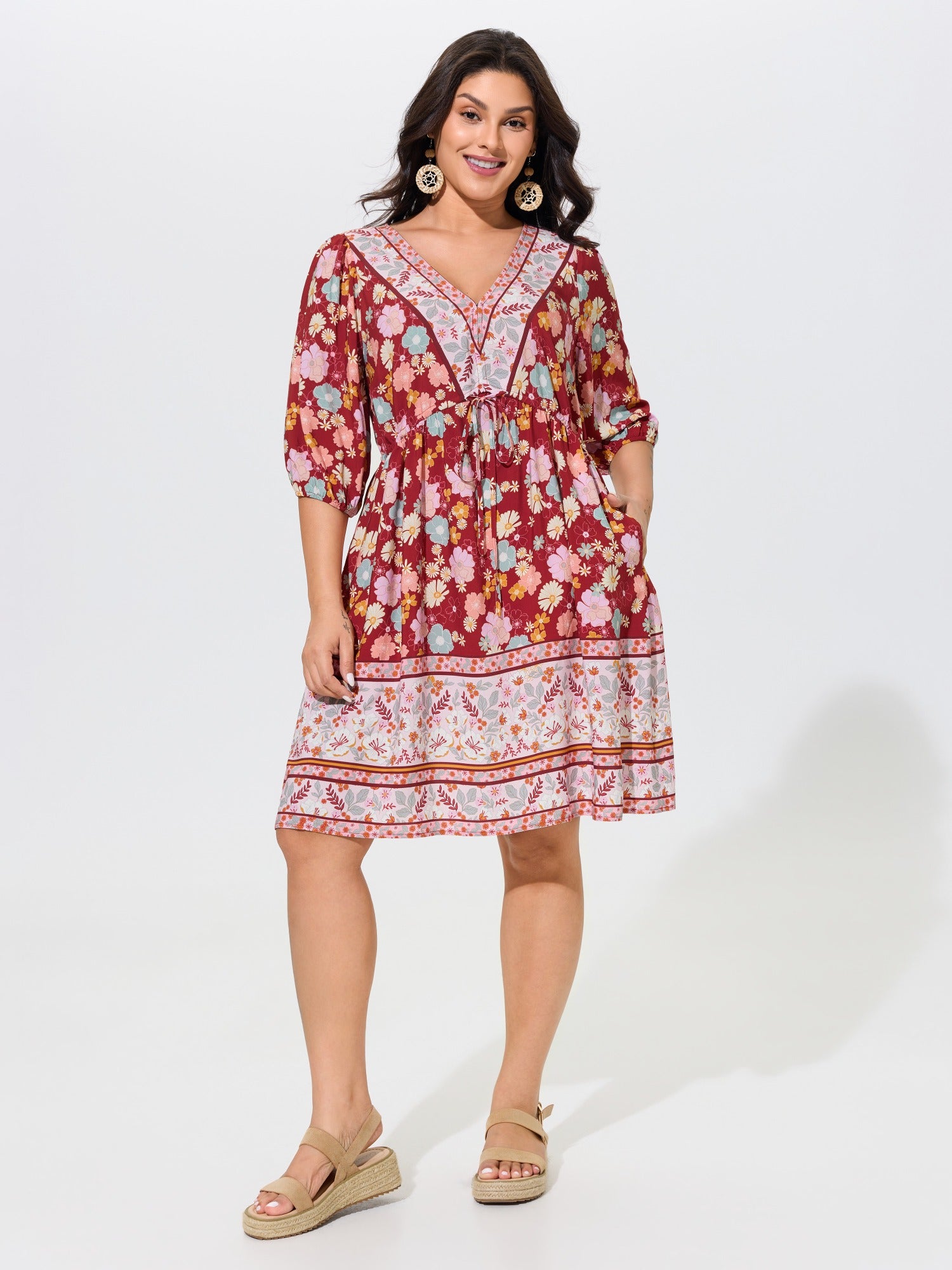 Floral Print Puff Sleeve Drawstring Waist Mini Dress