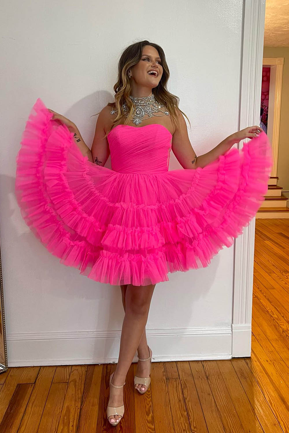 Fuchsia A-Line Sweetheart Tulle Tiered Corset Short Homecoming Dress/Mini Dress