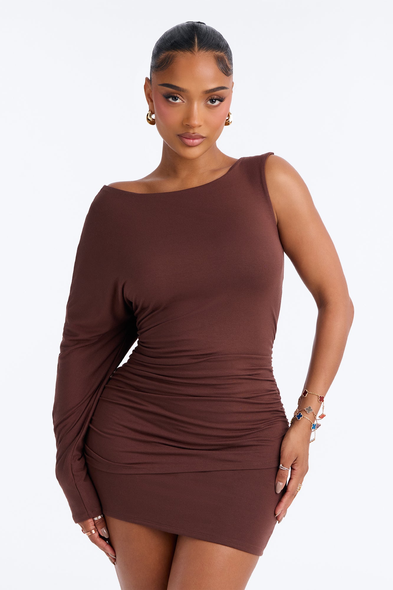 Jenny Modal One Shoulder Mini Dress - Chocolate
