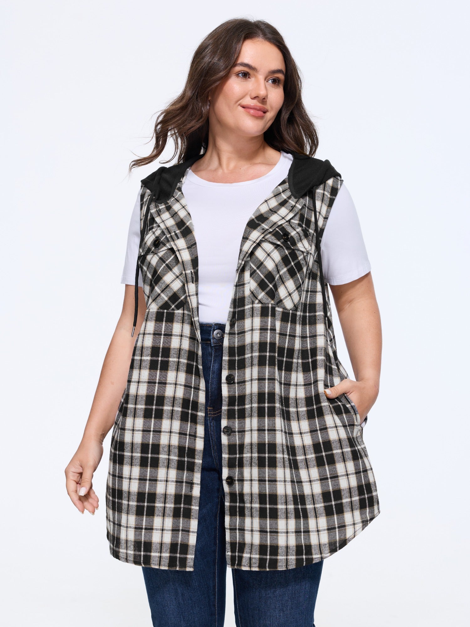 Plaid Print Hooded Sleeveless Long Vest