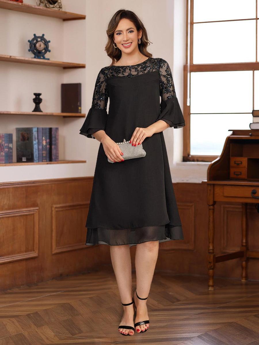 Knee-length A-line Princess Dress with Round Neck Half Sleeves Lace Appliques and Ruffles for Mothers of the Bride & Groom