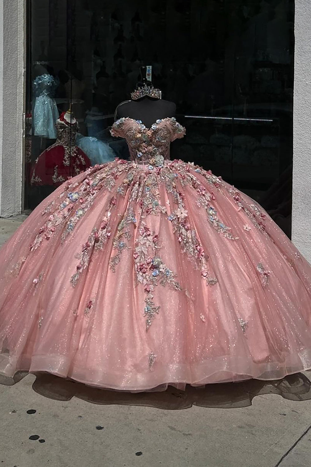 Off-the-Shoulder Quinceanera Dress with Sparkly Rose Appliques and 3D Flowers