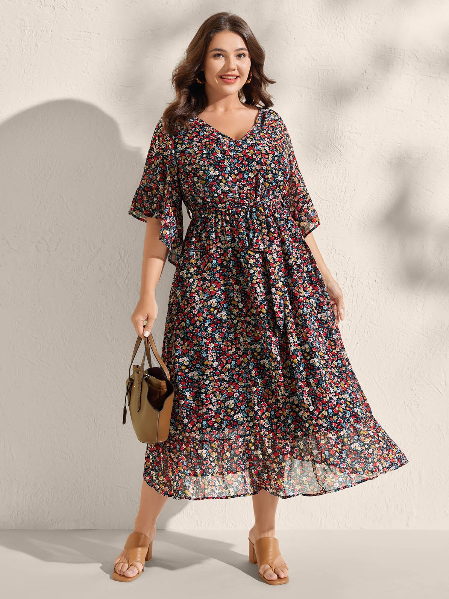 Floral Print Pockets Flared Sleeve Midi Dress