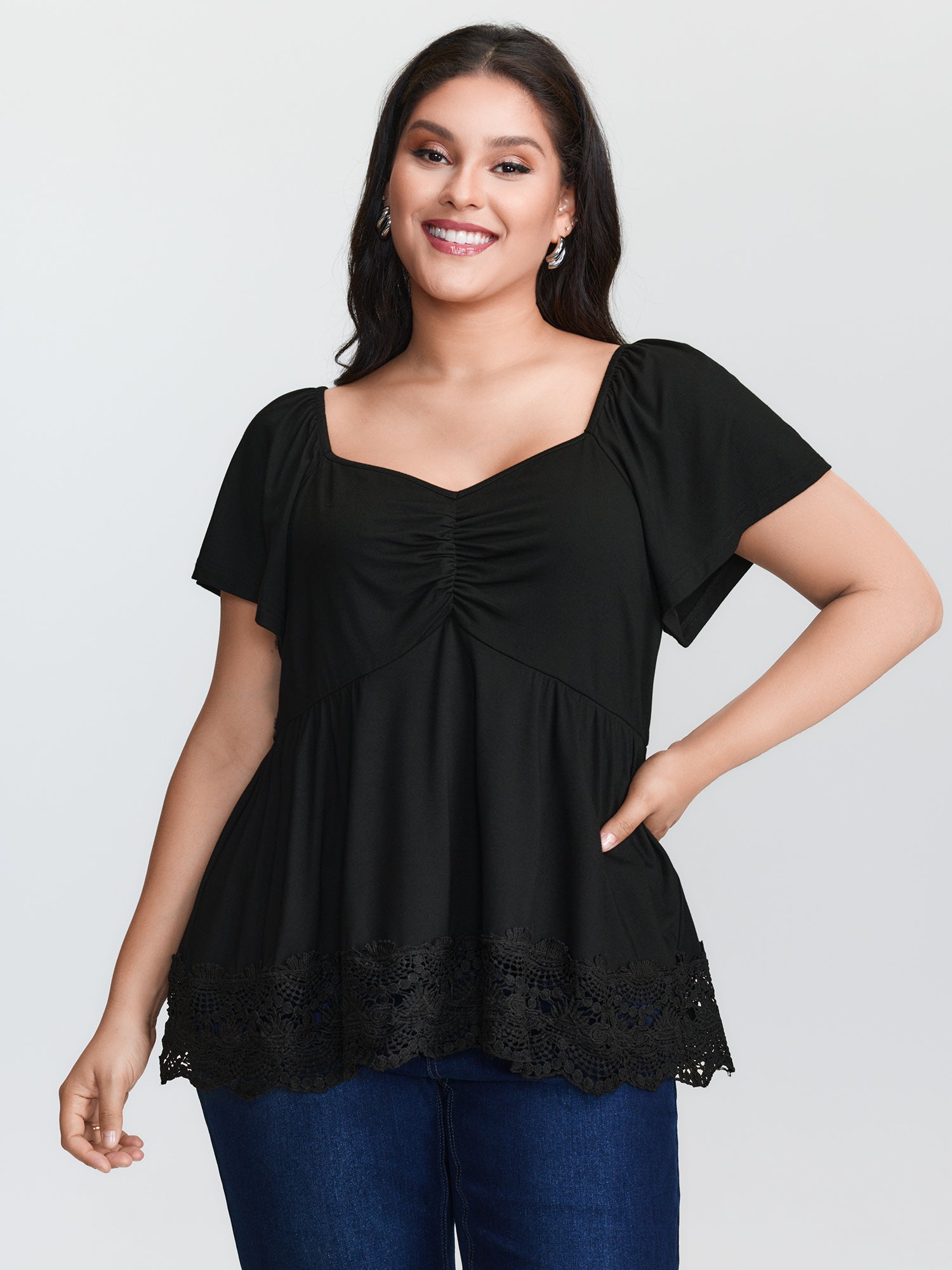 Lace Trim Flared Sleeve Ruched-Front Knit Top