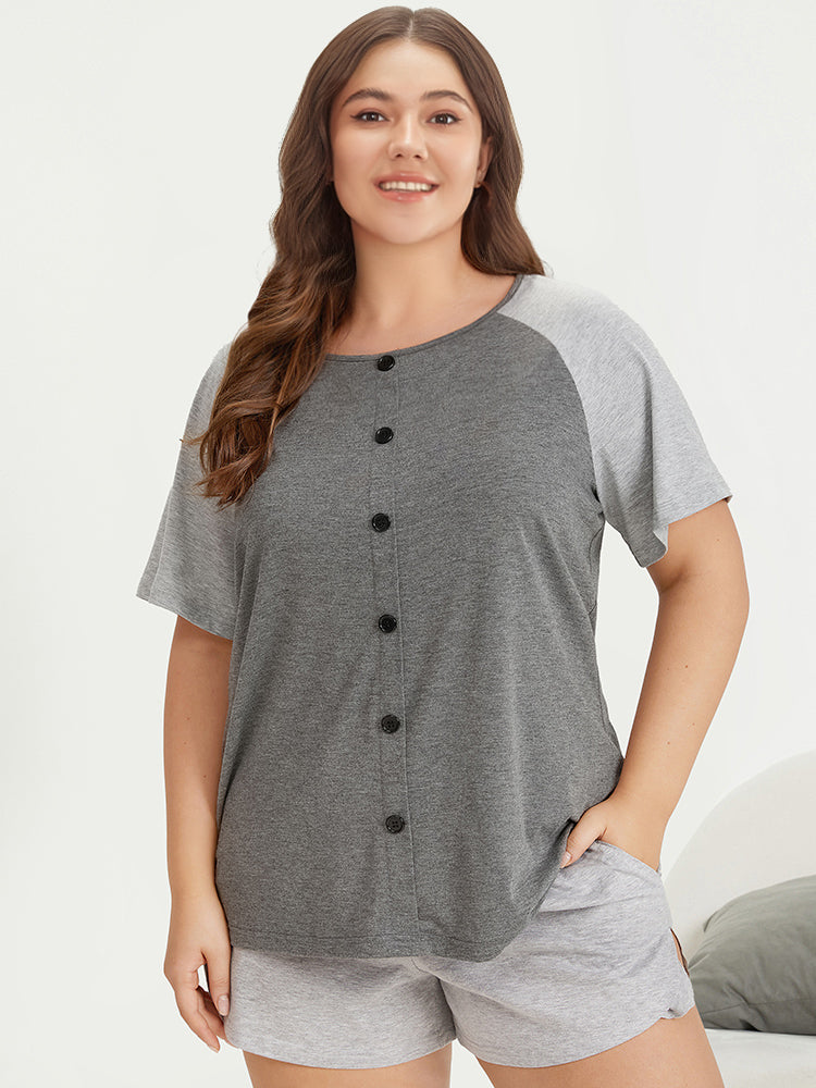 Color Contrast Button Detail Raglan Sleeve Pajama Top
