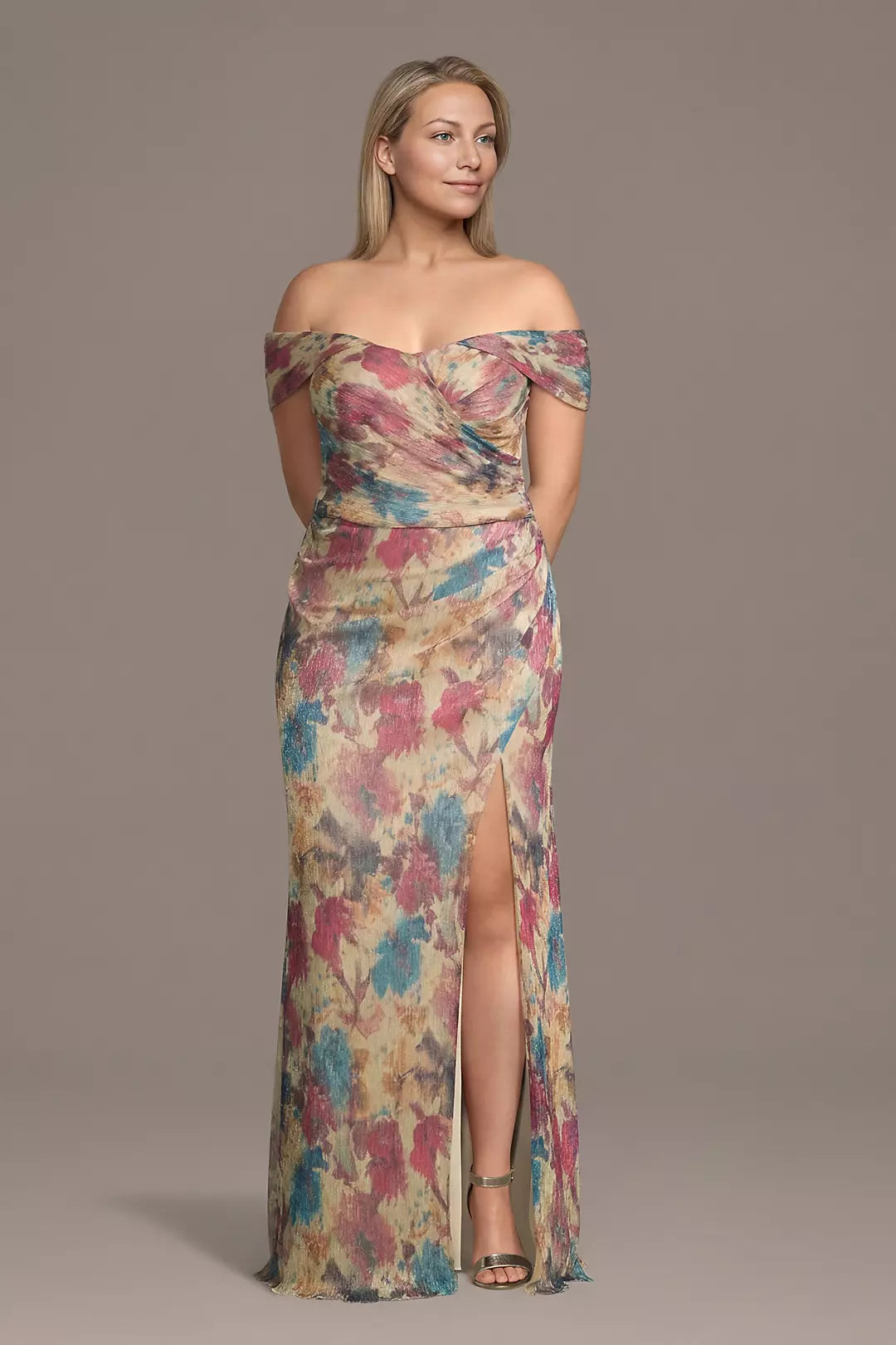 Off-the-Shoulder Floral Metallic Sheath Dress