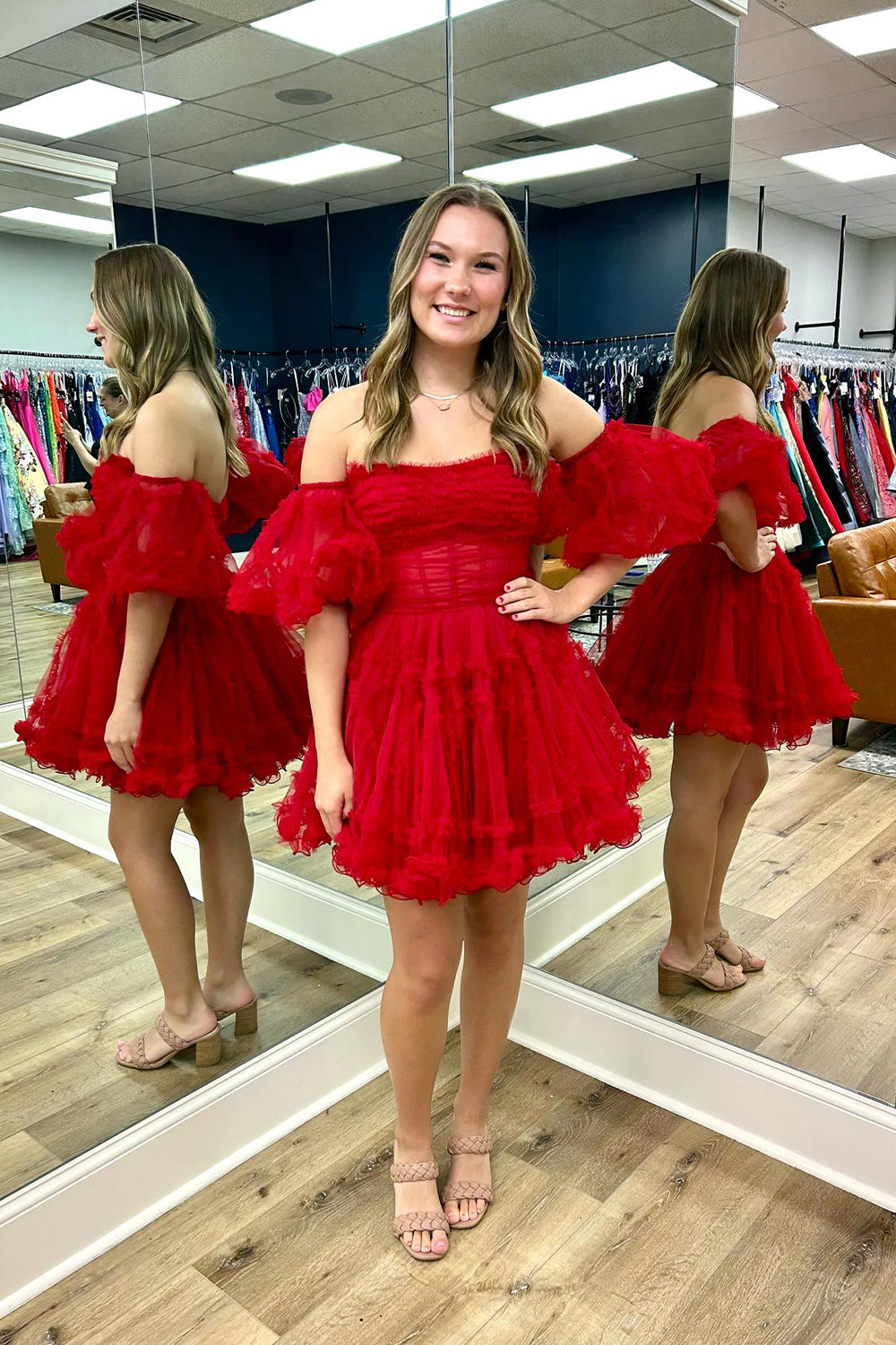Red Corset Strapless A-Line Short Tulle Homecoming Dress/Mini Dress with Detachable Sleeves