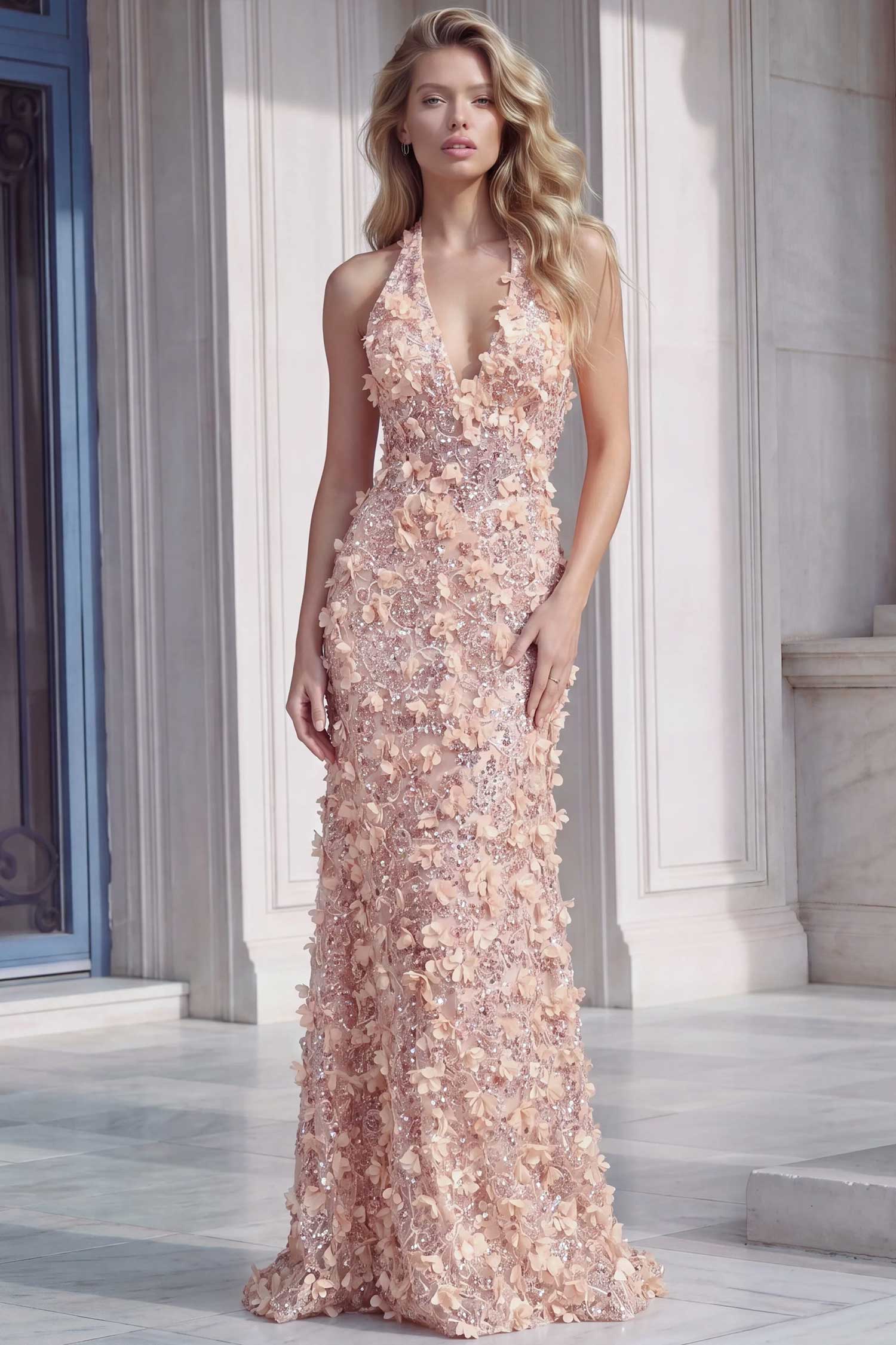 Jovani 47354 Floral Embellished Plunging Halter Dress