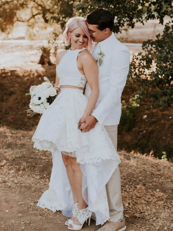 Fabulous Two-Piece A-Line Crew Neck Sleeveless Lace Asymmetrical Wedding Dresses
