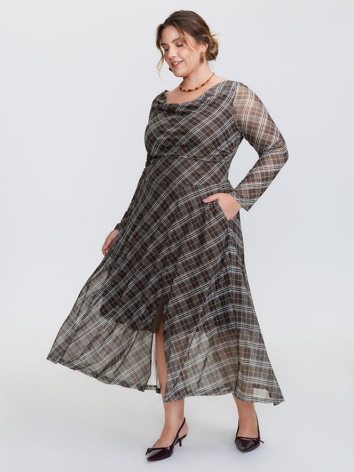 Stretchy Cowl Neckline Slit Pockets Maxi Dress
