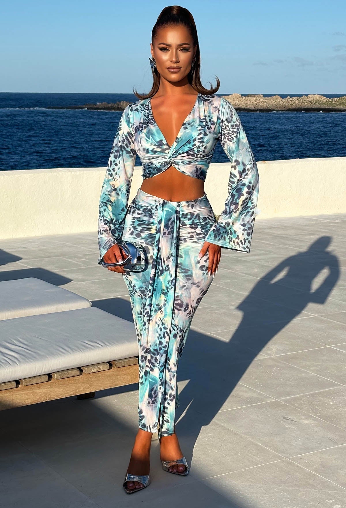 Pretty Gal Blue Leopard Print Knot Front Top & Skirt Co-Ord Set