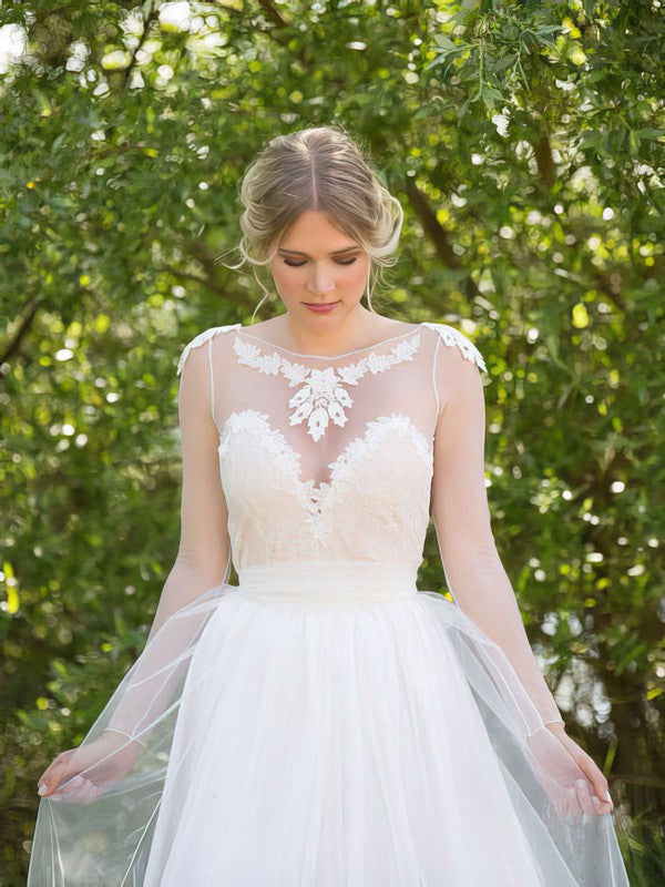 Beautiful A-Line Jewel Neck Tulle Lace Wedding Dresses with Appliques