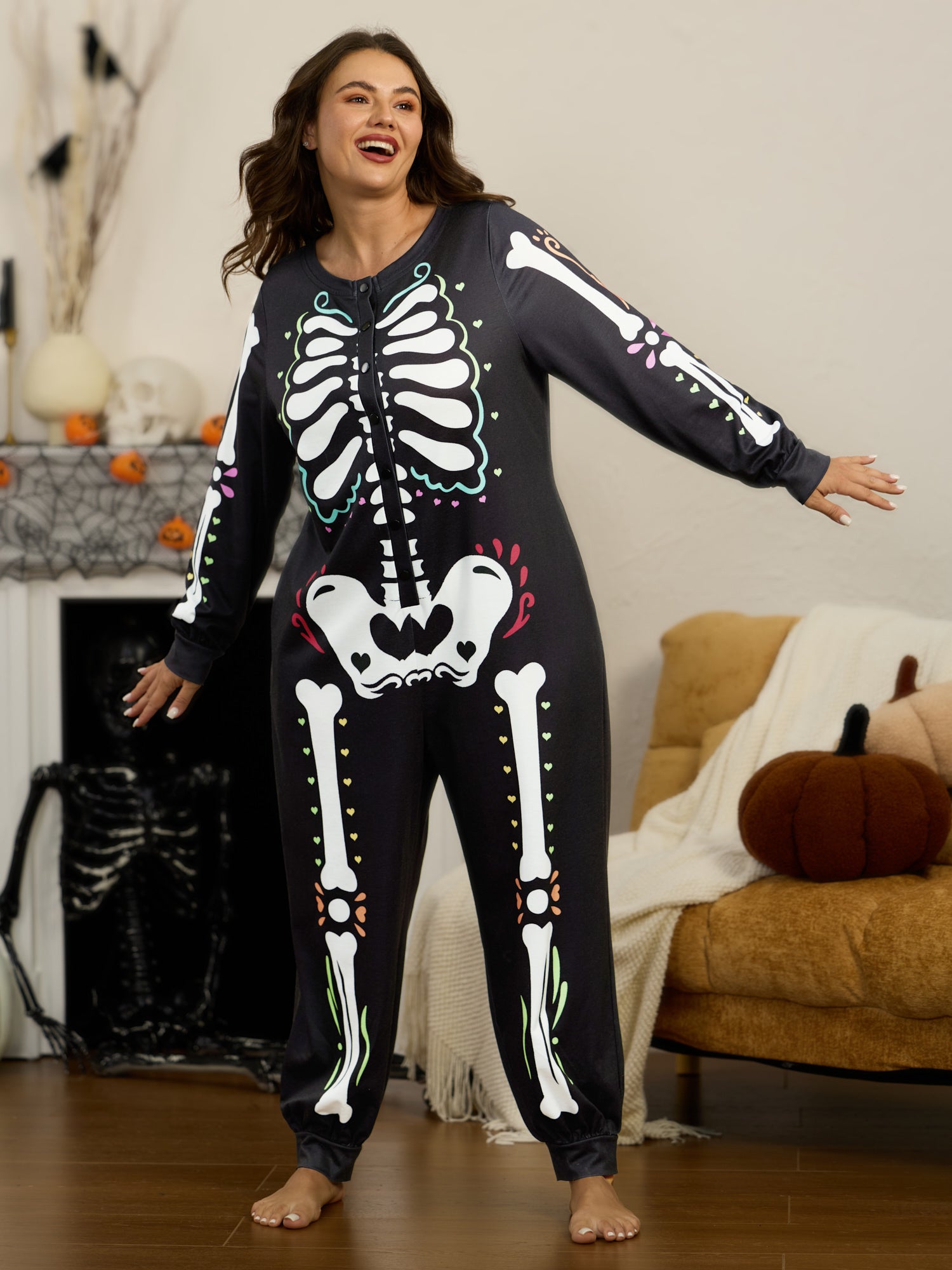 Supersoft Halloween Skeleton Button‑Front Lounge Jumpsuit