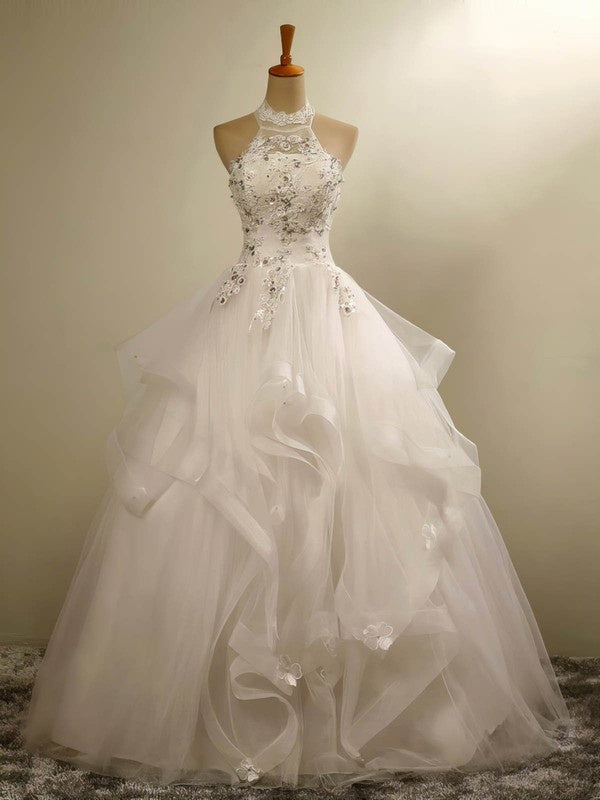 Sexy Sleeveless Halter Tulle Floor-Length Ball Gown Wedding Dresses with Cascading Ruffles