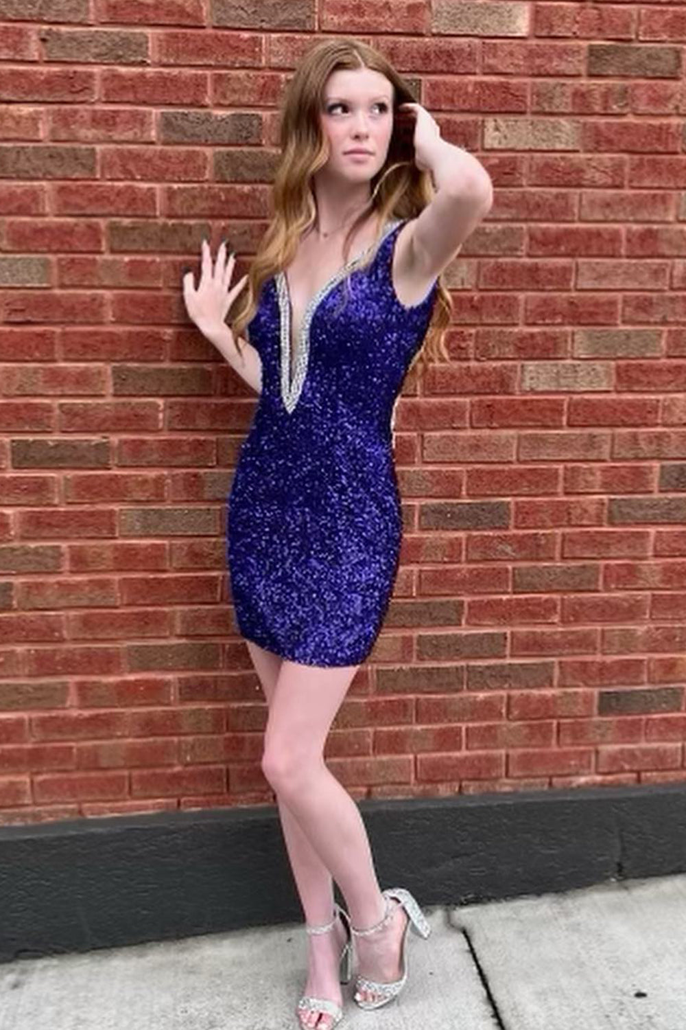 Sparkly Purple Beaded Backless Sequins Tight Short Homecoming Dress/Mini Dress