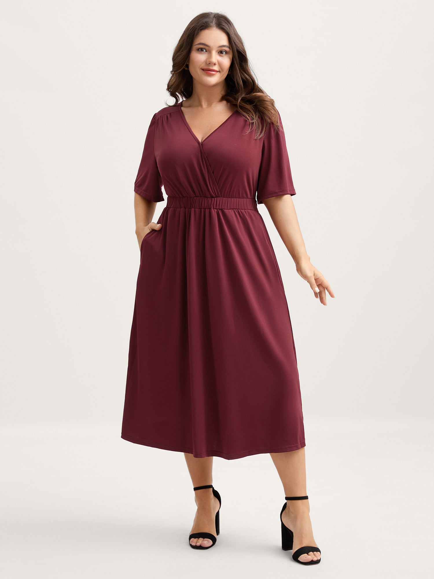 Stretchy Overlap Belted Pockets Midi Dress