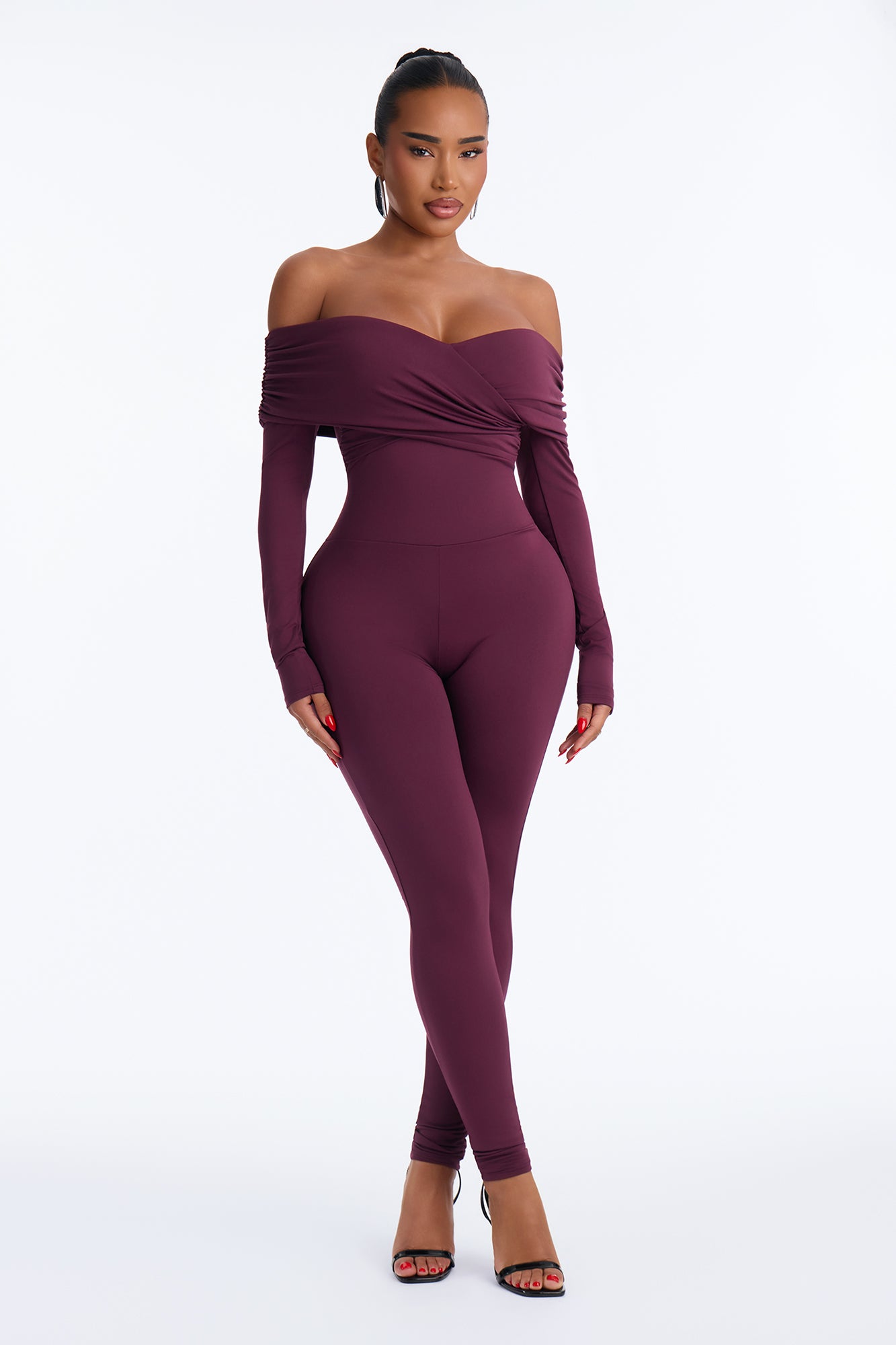 Alyissa Off Shoulder Skinny Leg Jumpsuit - Eggplant