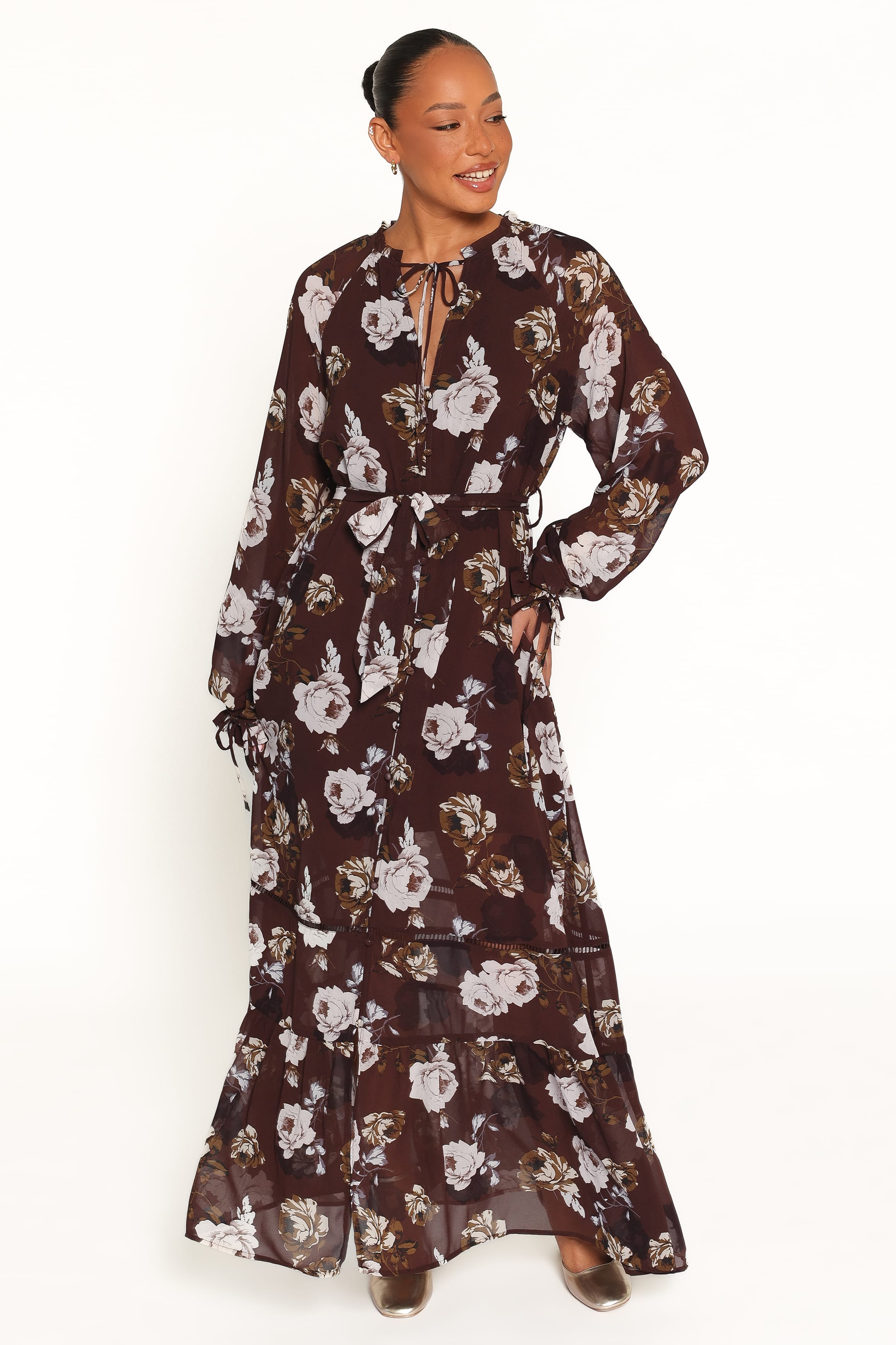 Rhonda Long Sleeve Maxi Dress - Brown Floral