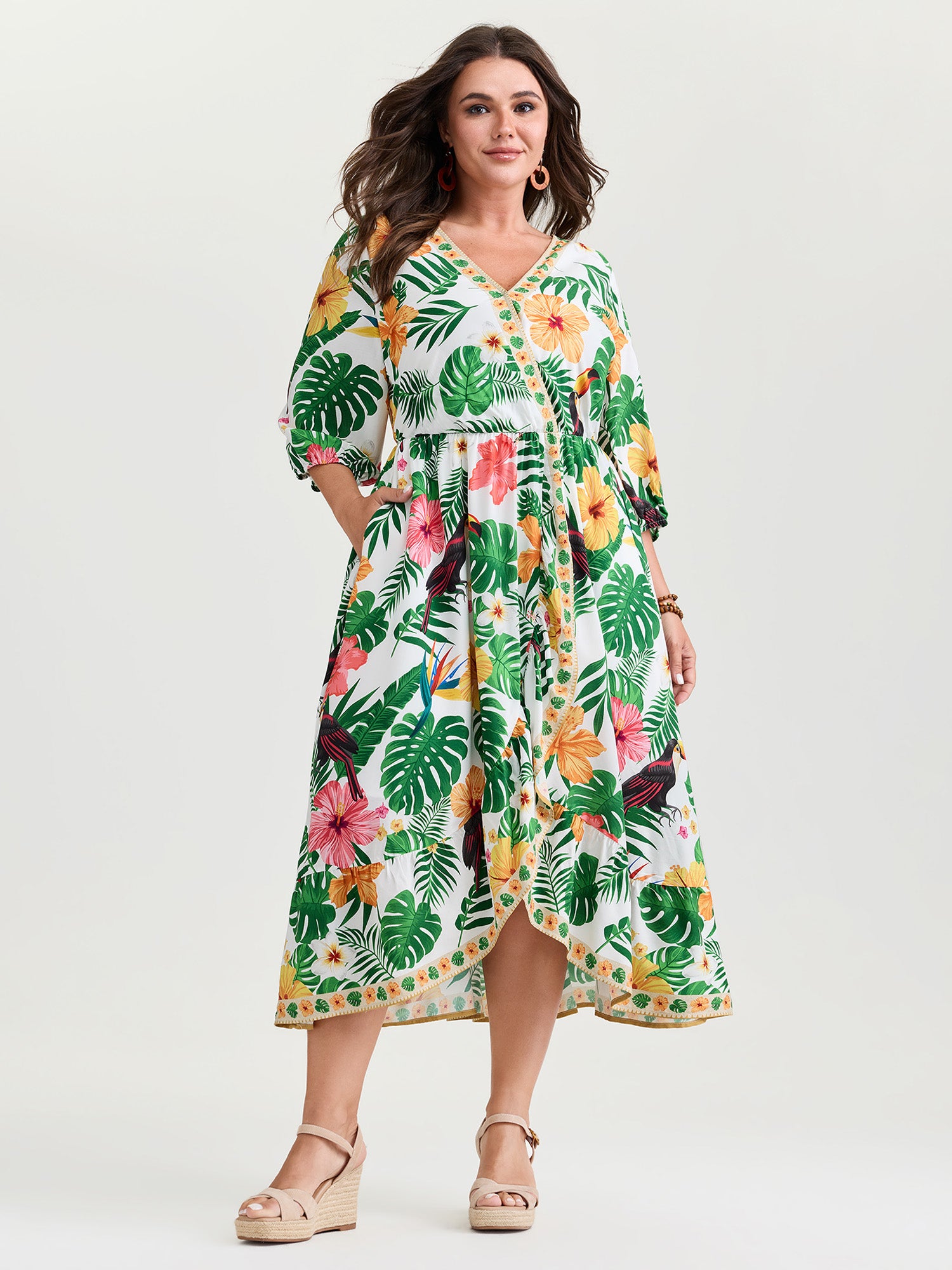 Vibrant Floral Print Wrap Neckline Midi Dress