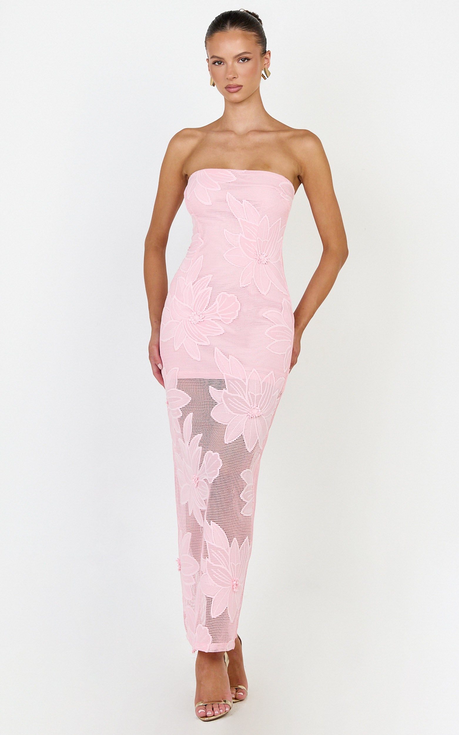 Sienna Midi Dress - Strapless Floral Embroidered Bodycon Dress in Pink