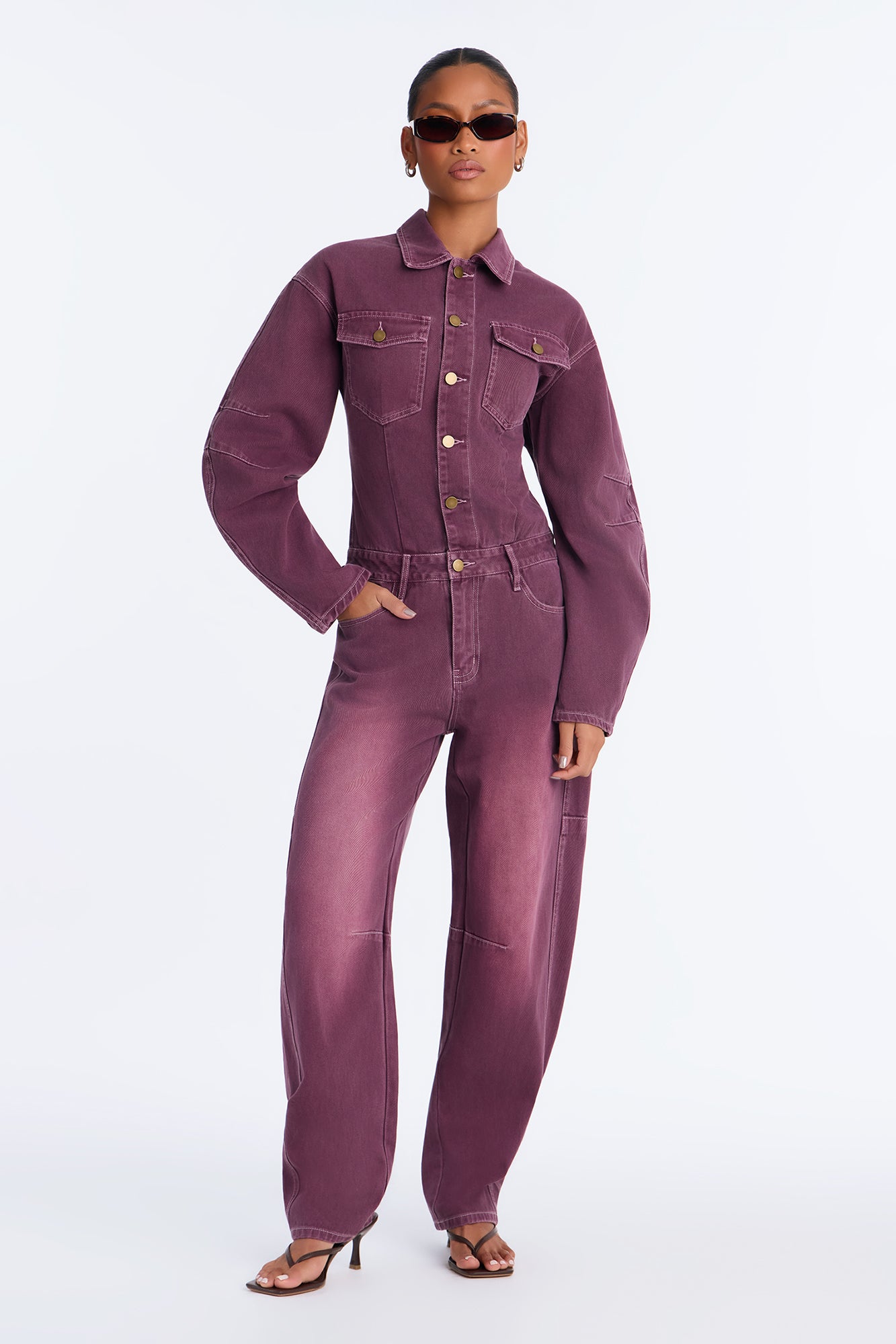 Logan Barrel Sleeve and Pant Denim Jumpsuit - Plum