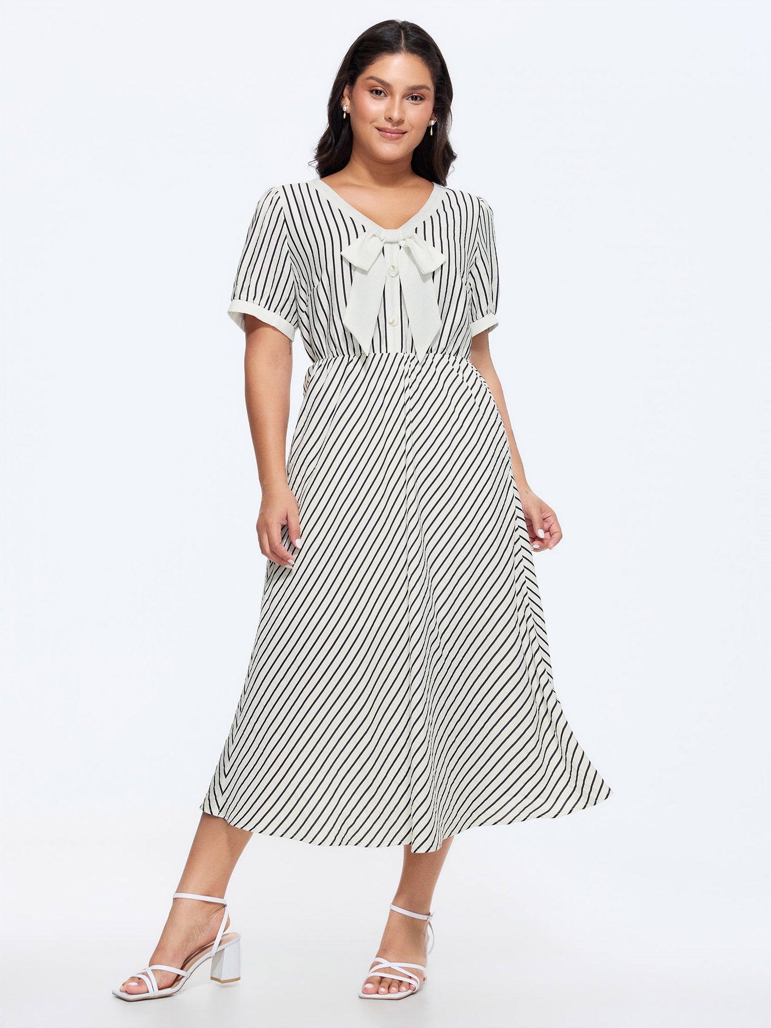 Striped Print Bowknot Neckline Maxi Dress