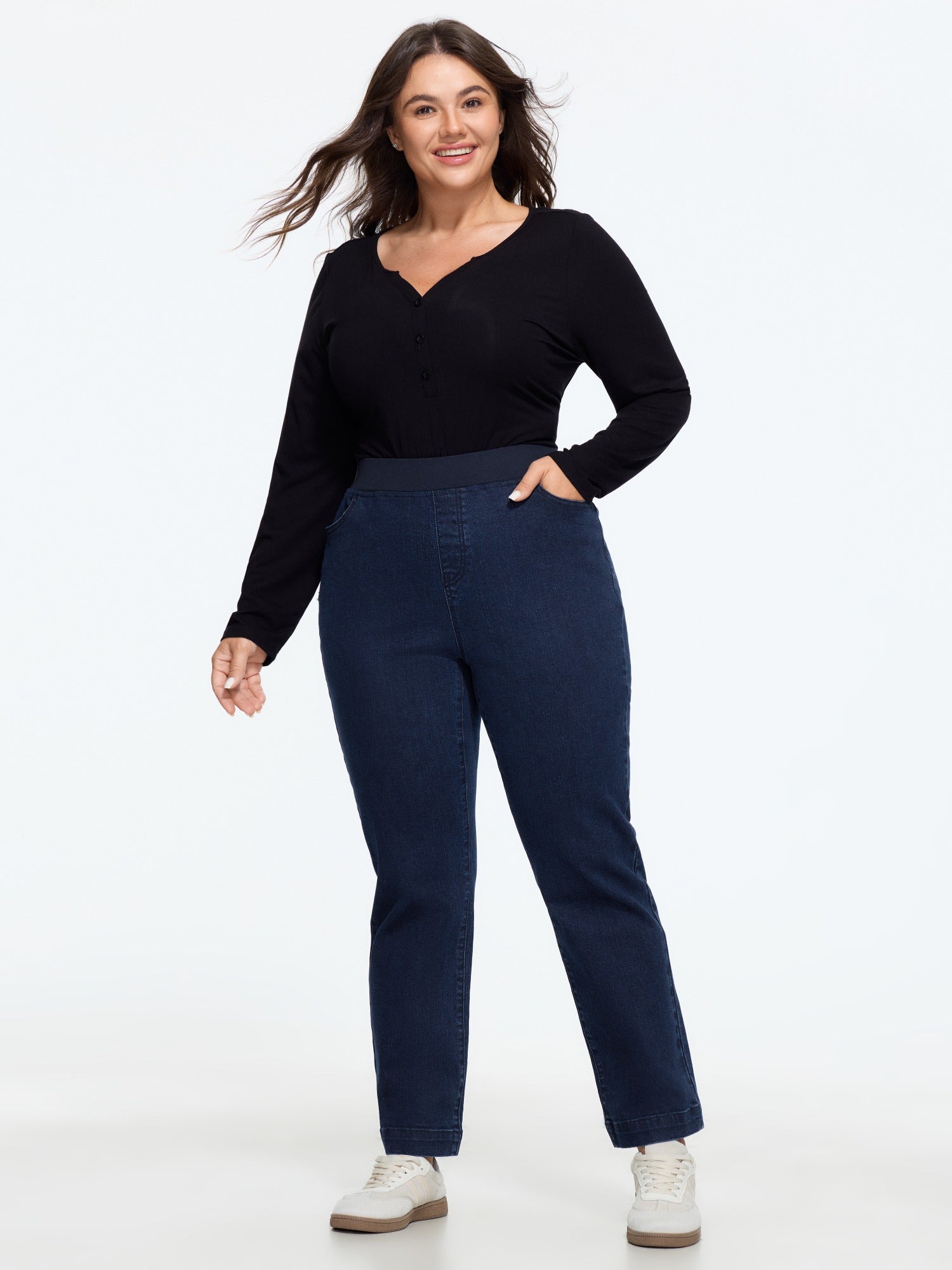 Stretch Elastic Waistband Pocket Straight Leg Jeans