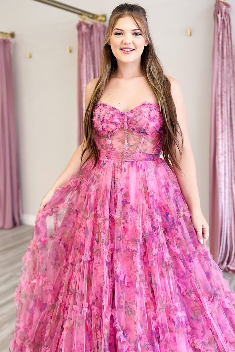 Sweetheart A-Line Long Corset Prom Dress with Pink Floral Print