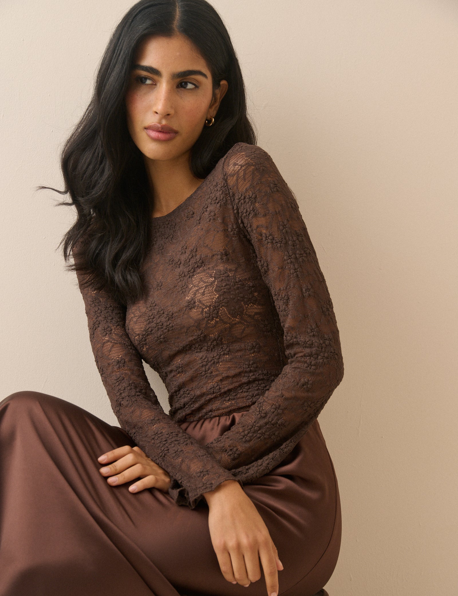 Brown Floral Boat Neck Lace Top