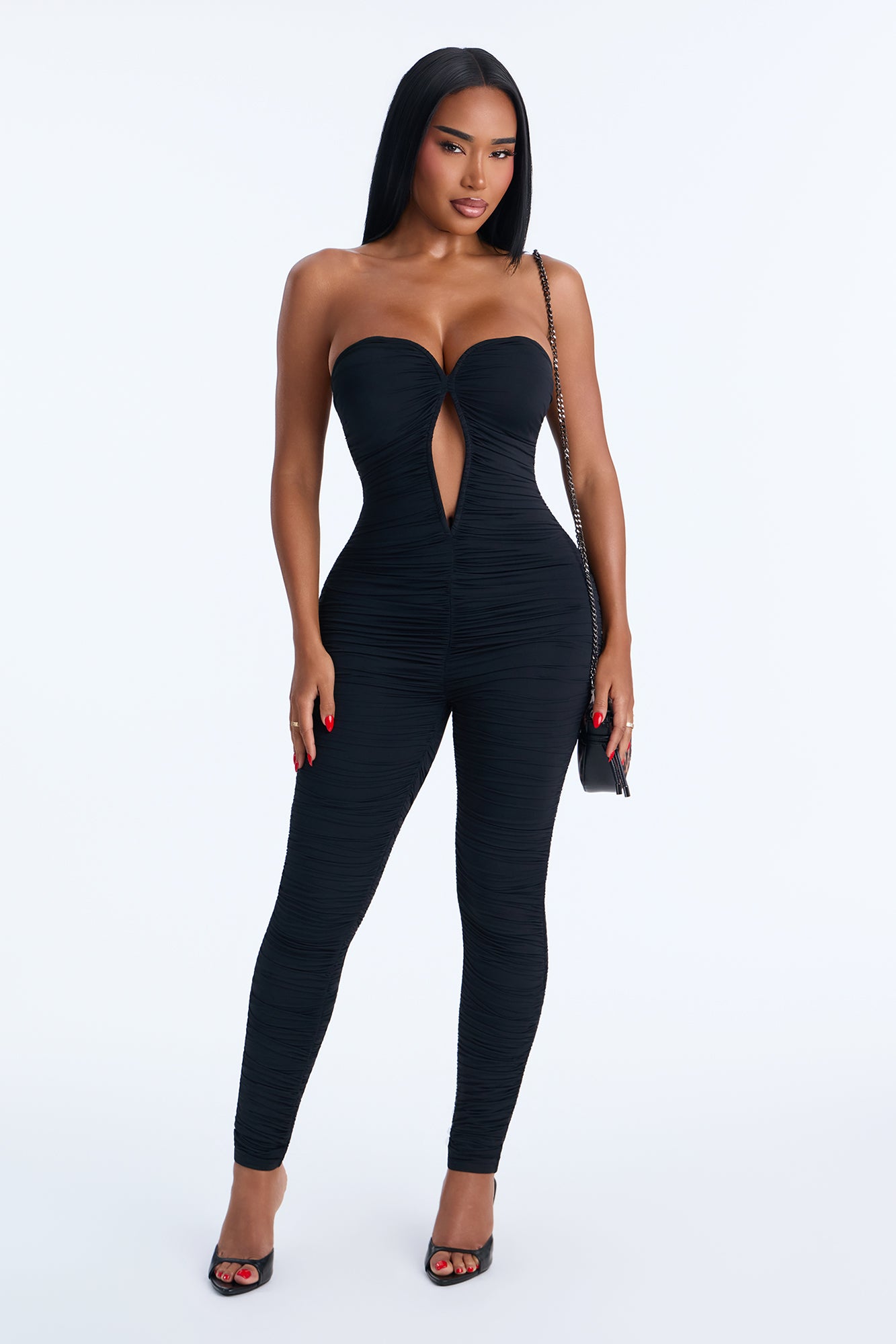 Celeste Ruched Cut Out Catsuit - Black