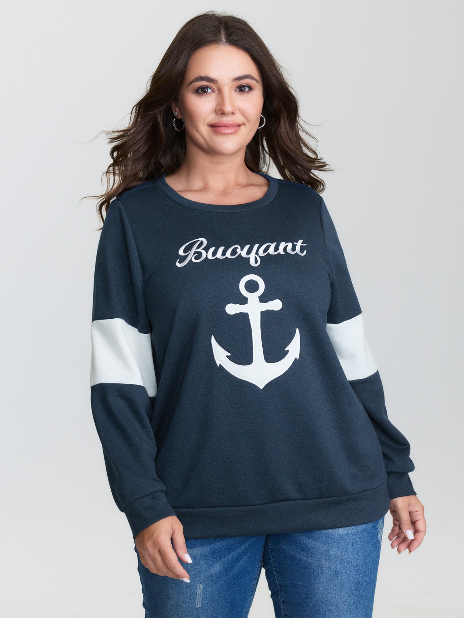 Anchor Applique Embroidery Contrast Sweatshirt