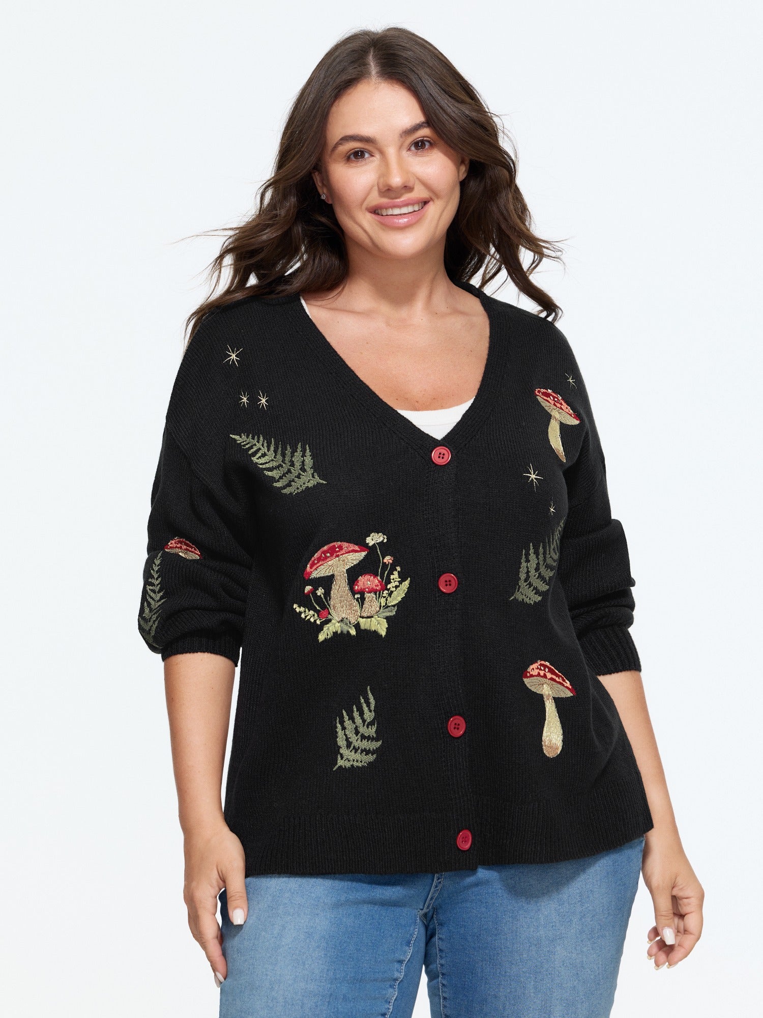 Mushroom Fern Embroidered Button Down Cardigan
