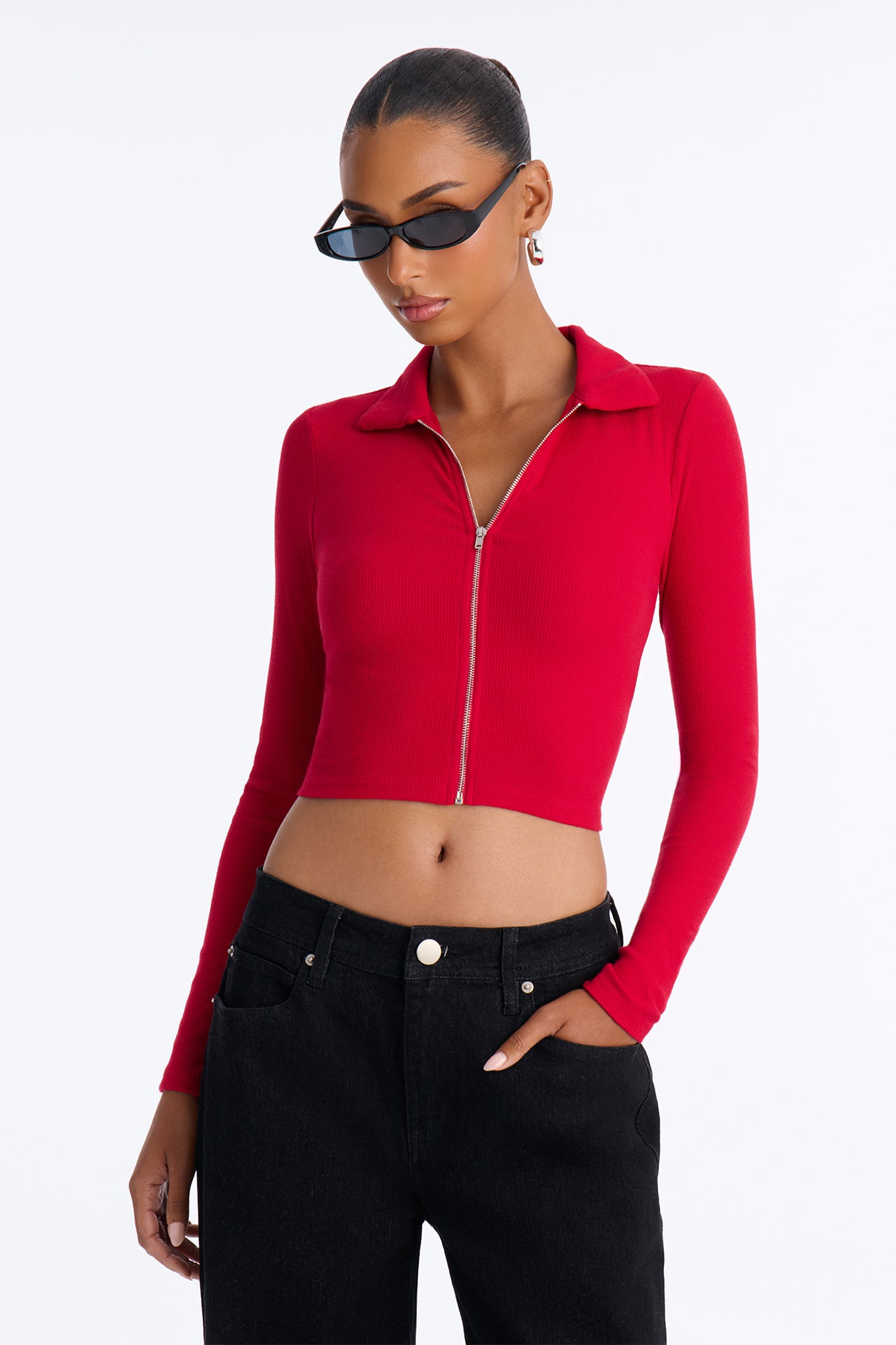 Jessica Collared Full Zipped Rib Long Sleeve Top - DarkRed