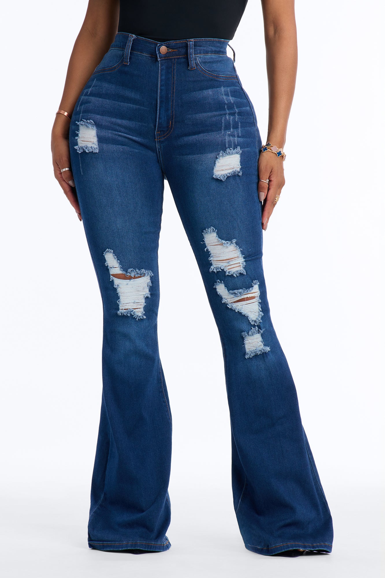 Downtown High Rise Ripped Soft Stretch 35″ Flare Leg Jeans - Dark Wash