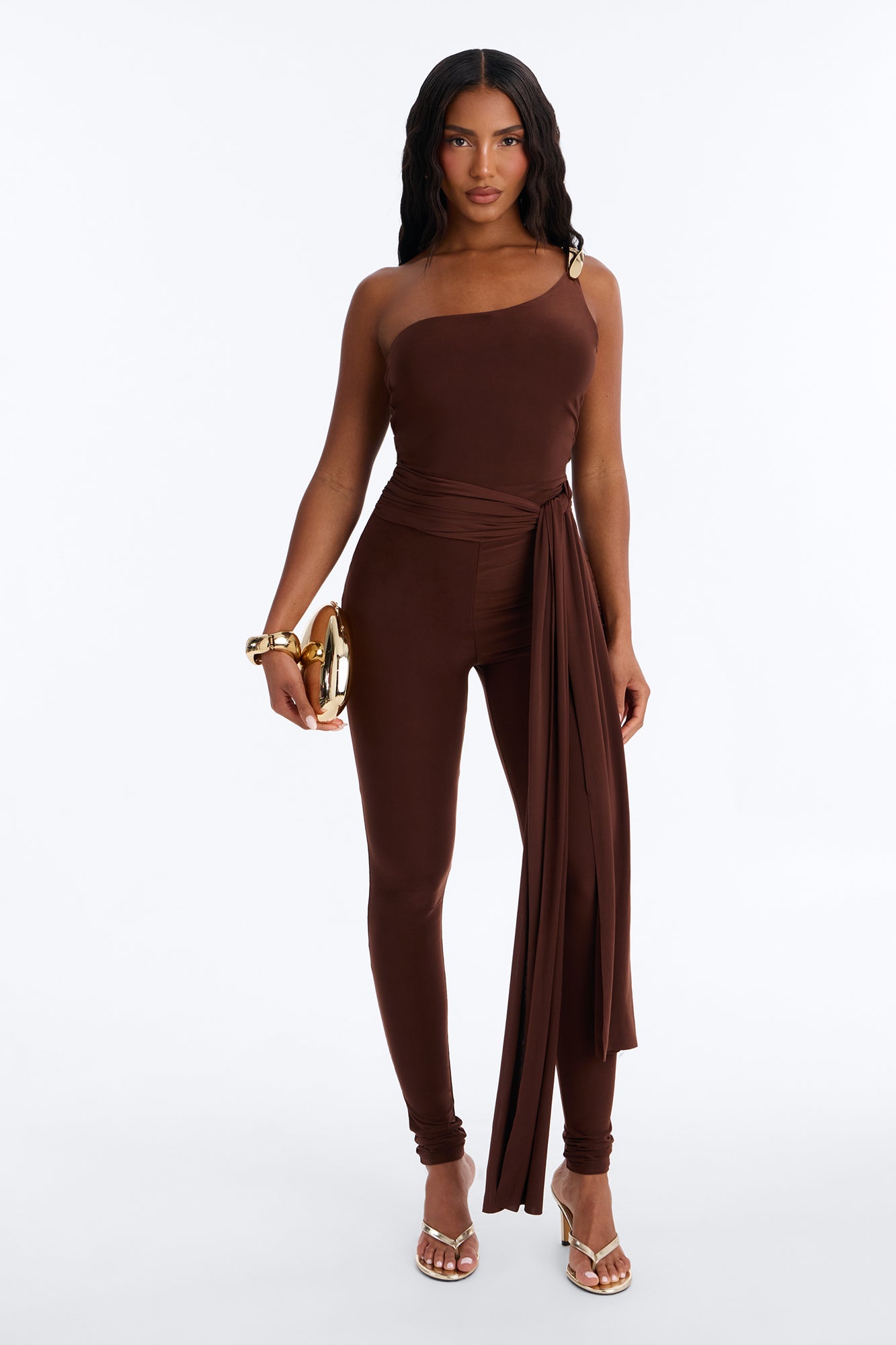 Your Moodboard Tie Waist Skinny Leg Jumpsuit - Chocolate