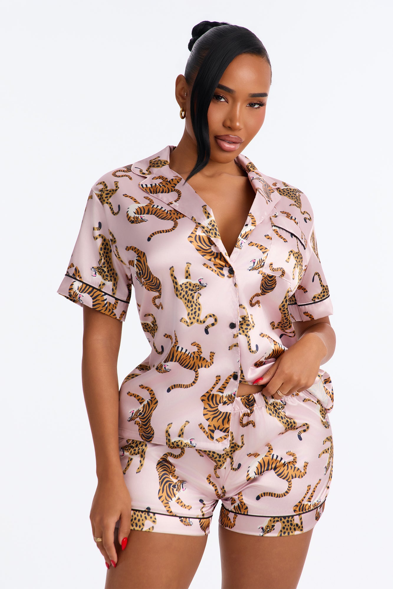 Bedtime Lux Stretch Satin Short Sleeve PJ Short Set - Pink/combo
