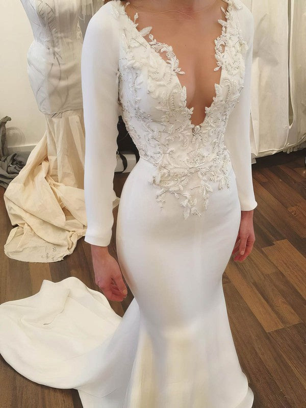 Glamorous Mermaid Deep V-Neck Stretch Satin Wedding Dresses with Sweep Train