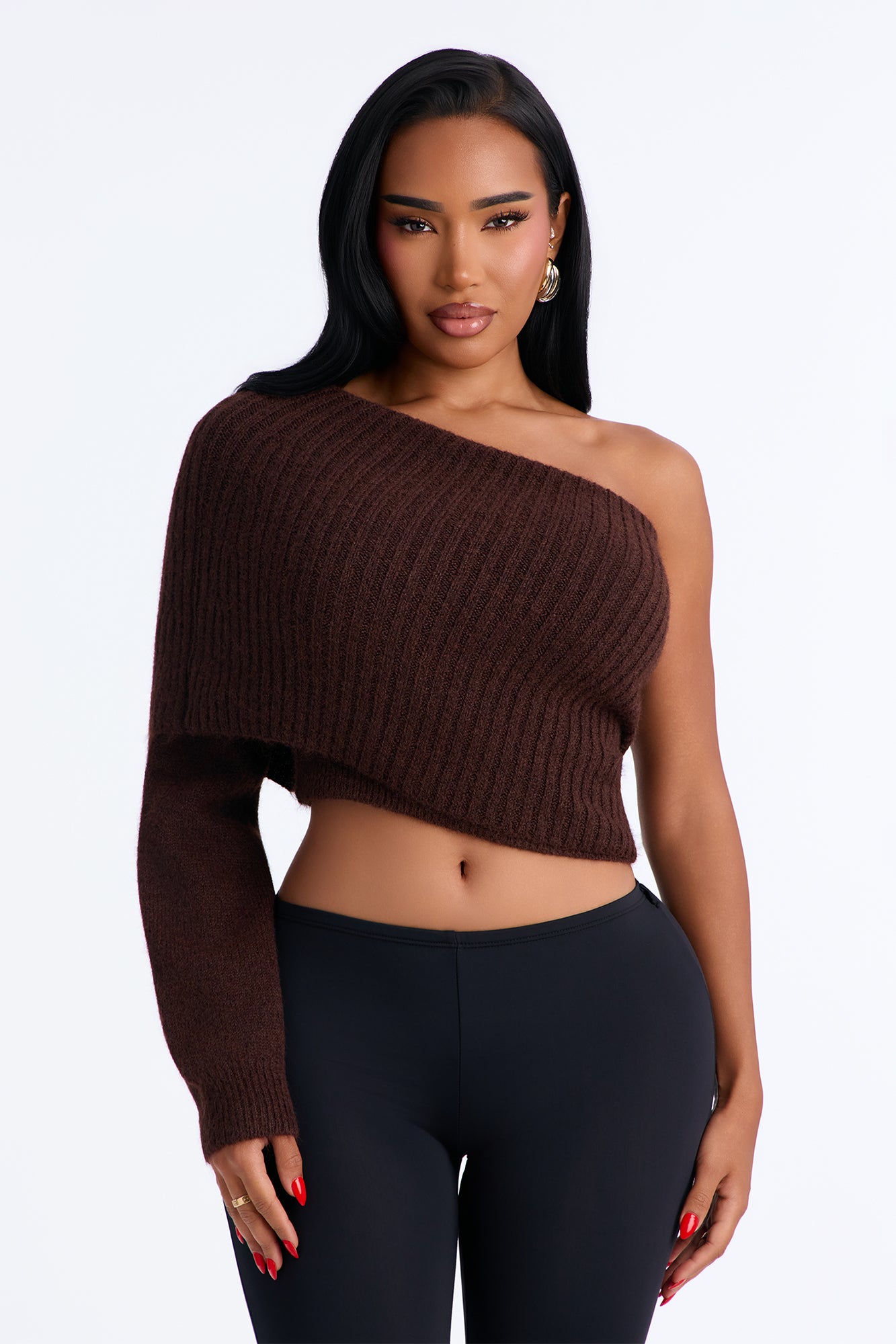 Nicole One Shoulder Cropped Pullover Sweater - Chocolate