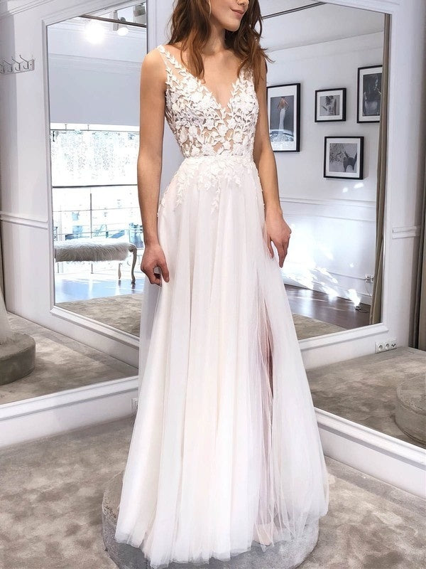 Beautiful Floor-Length V-Neck Sleeveless Tulle Ball Gown Wedding Dresses with Split