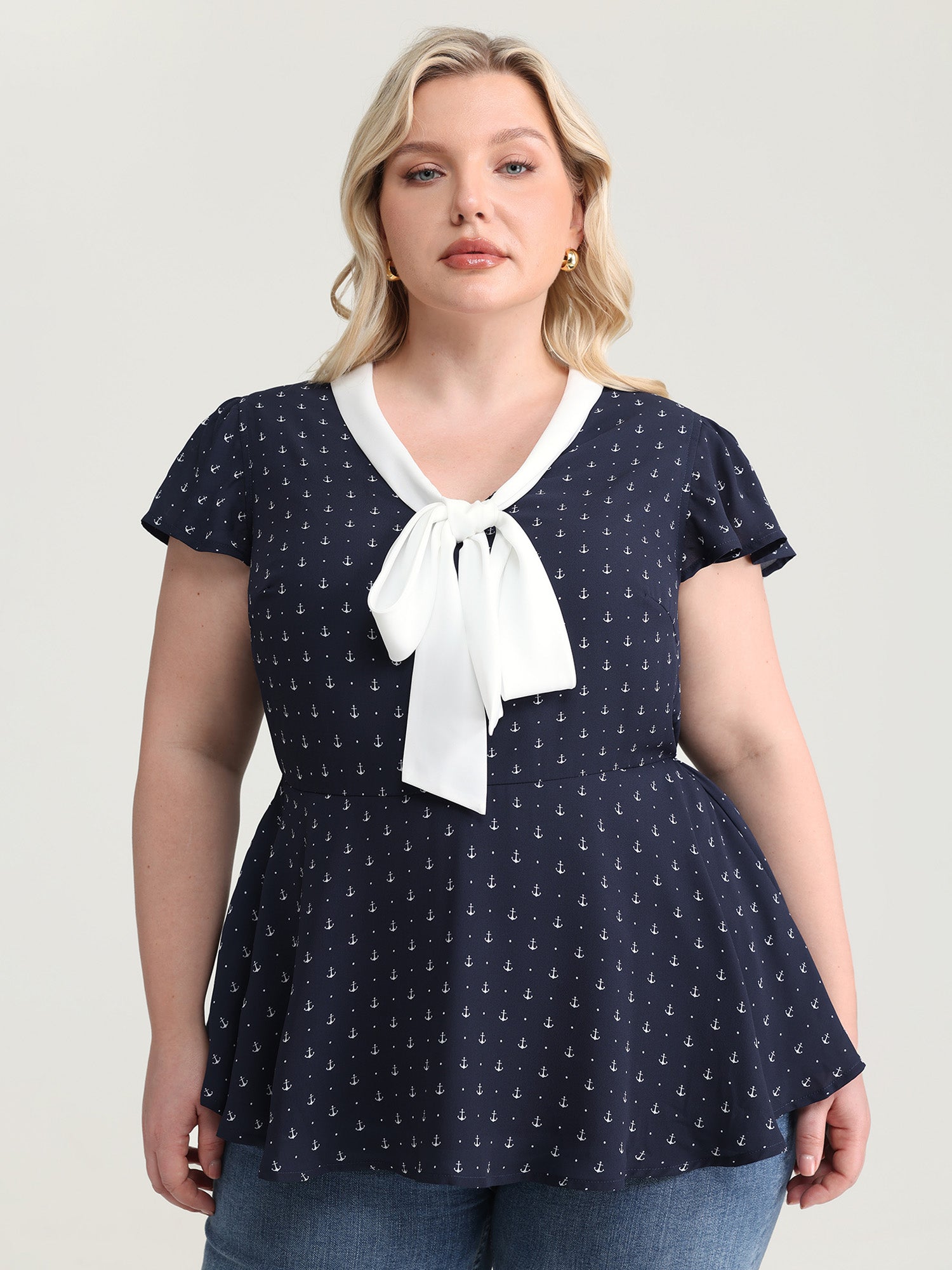 Color Contrast Ribbon Neckline Blouse