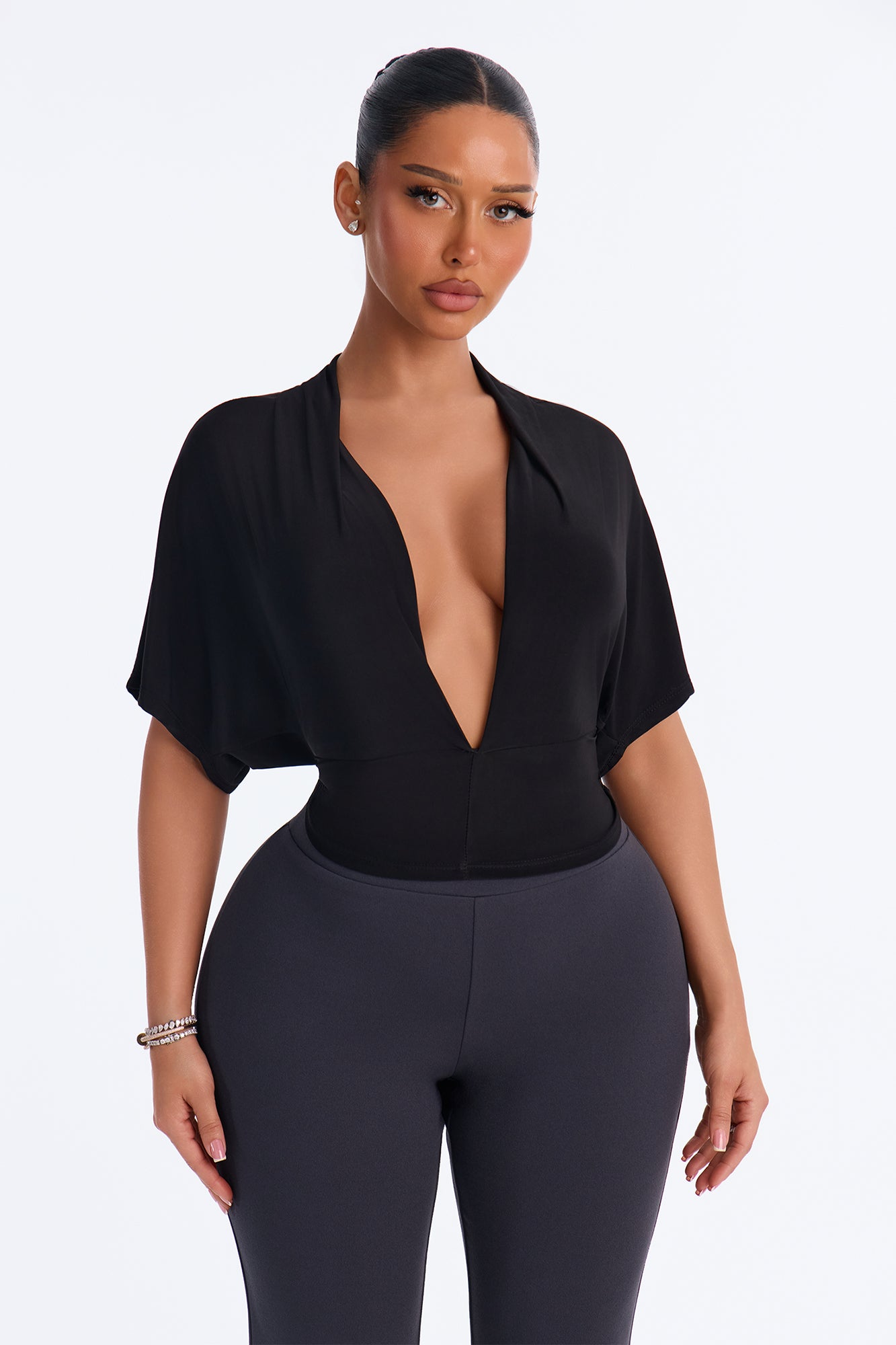 Ariana Deep V-Neck Short Sleeve Top - Black