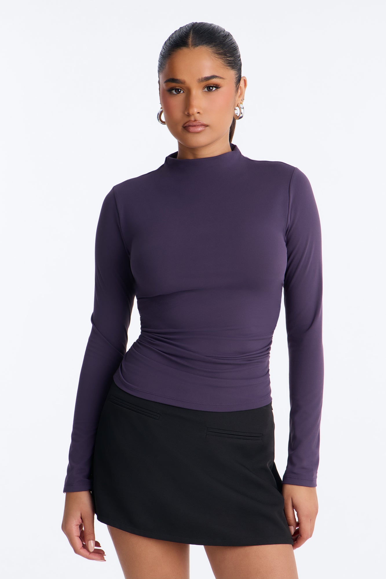 Hayden Ruched Mock Neck Top - Plum