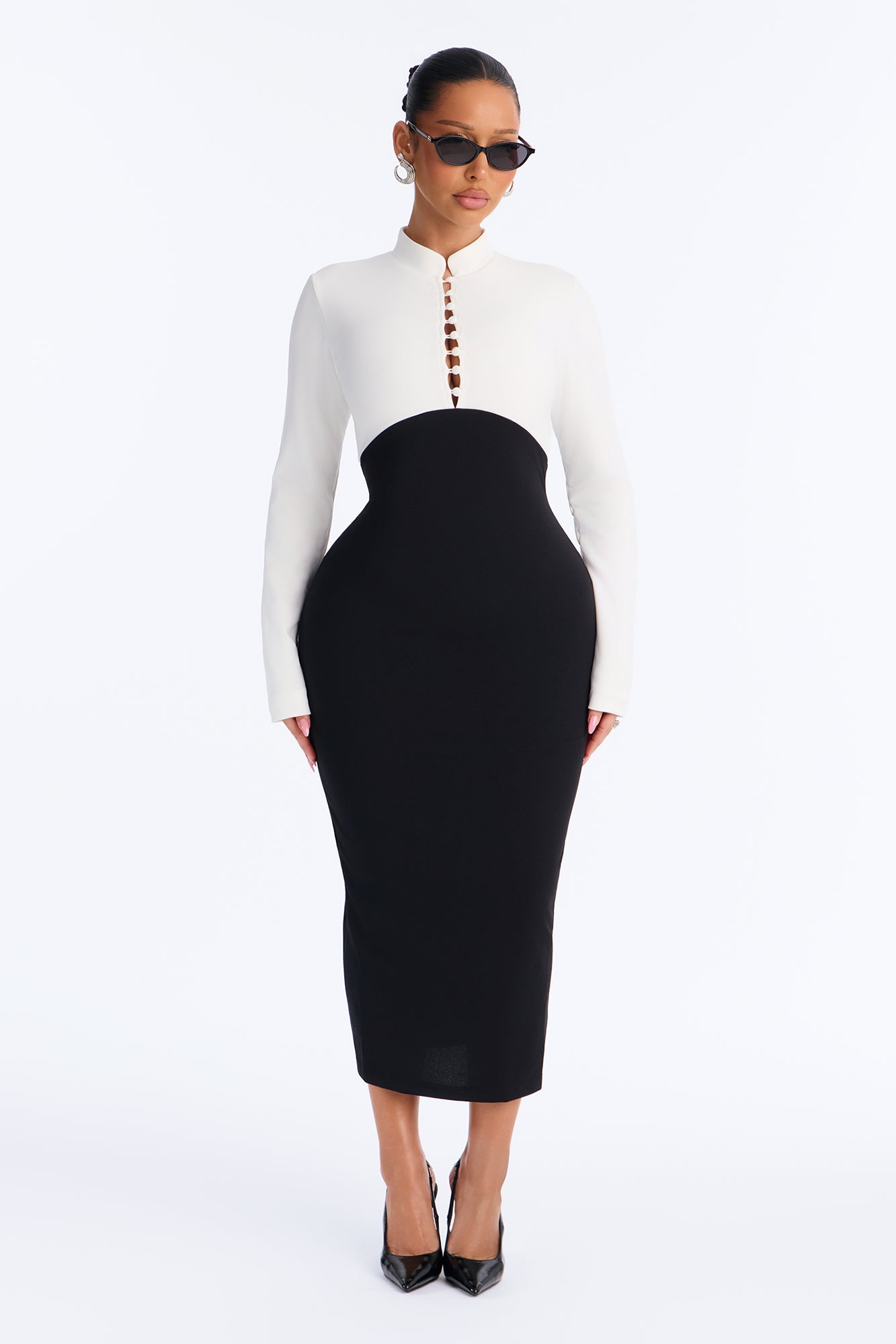 Looking Forward Button Long Sleeve Midi Dress - Black/combo