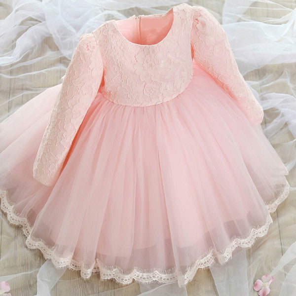 Fashionable Ball Gown Scoop Neck Lace Tulle Long Sleeve Flower Girl Dresses with Bow